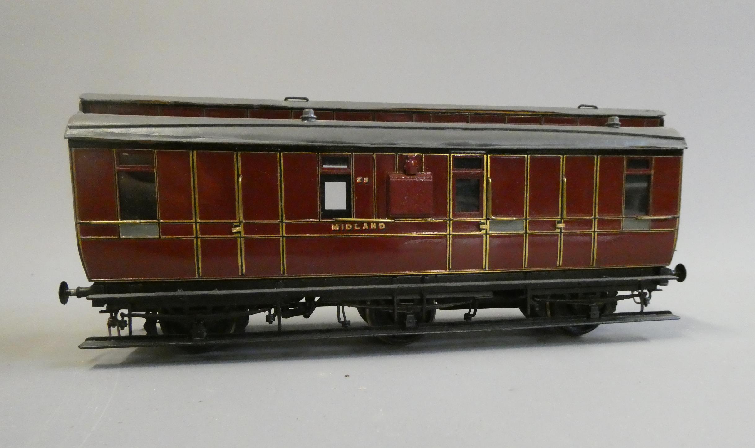 A well-made and finished 7mm 0 Gauge model of a Midland Railway panelled 6 wheeled brake coach Image