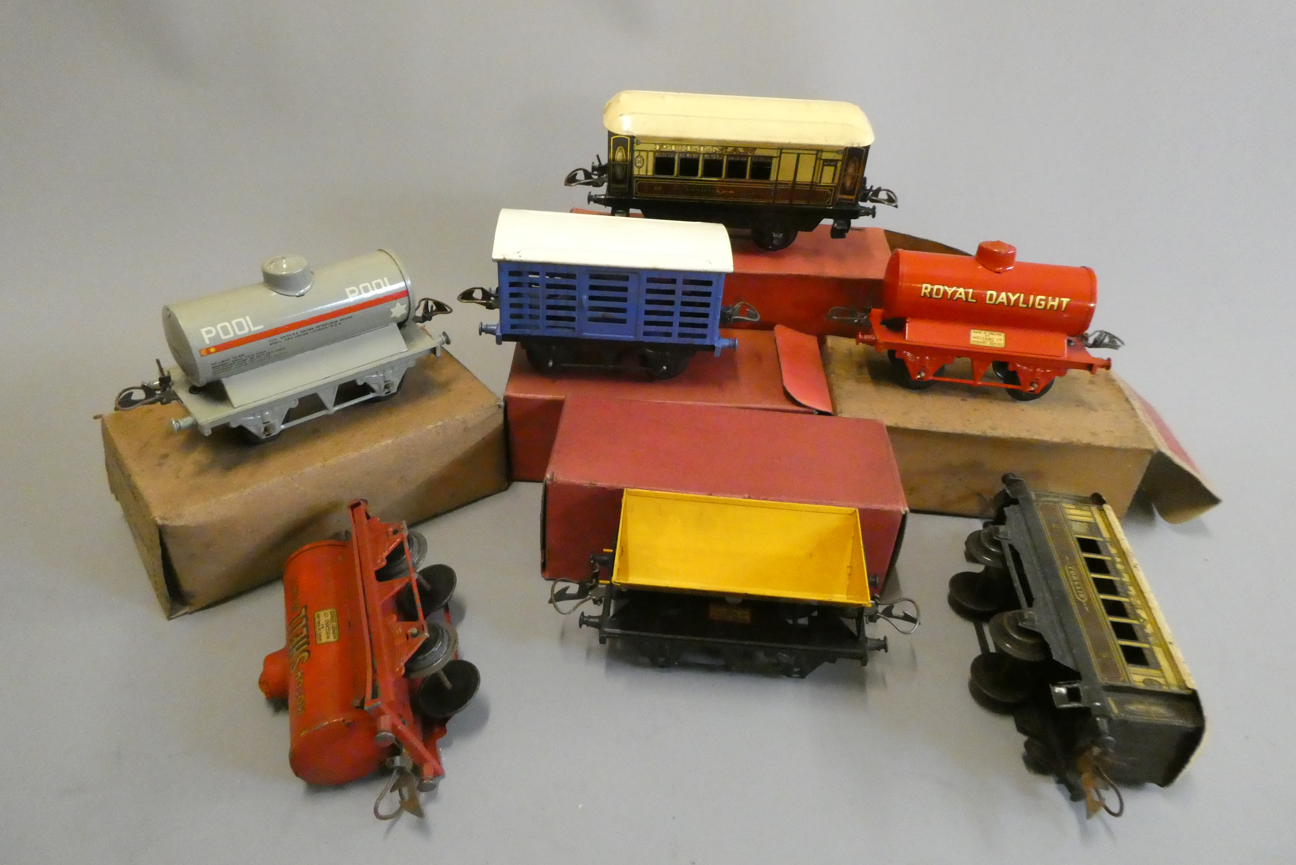 Seven Hornby wagons comprising three petrol tank wagons Image