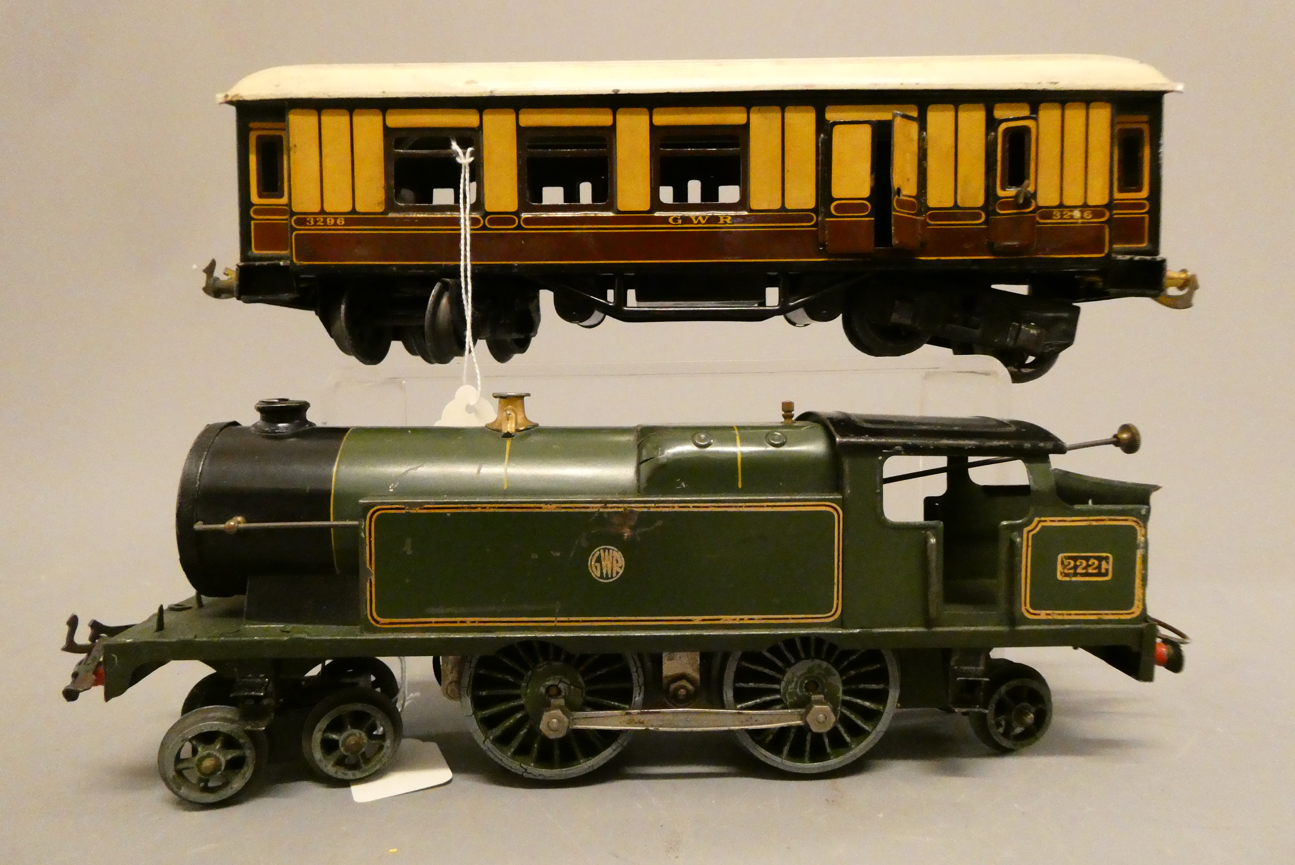 Hornby 4-4-2 20 volt GWR tank locomotives, some scratching to paintwork and a Bing GWR bogie coach, Image