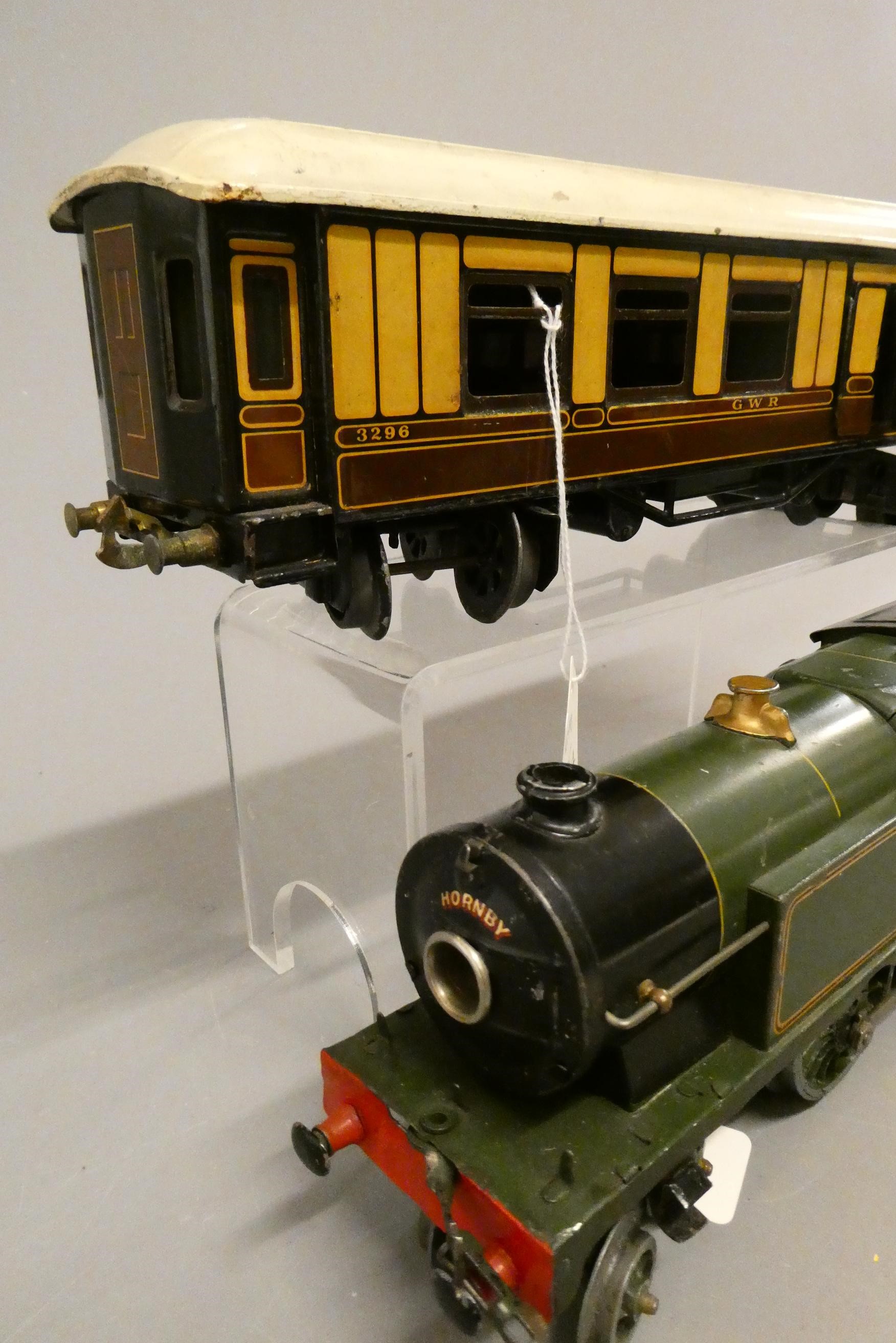 Hornby 4-4-2 20 volt GWR tank locomotives, some scratching to paintwork and a Bing GWR bogie coach, Image