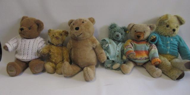 Six teddy bears including a Merrythought brown bear Image