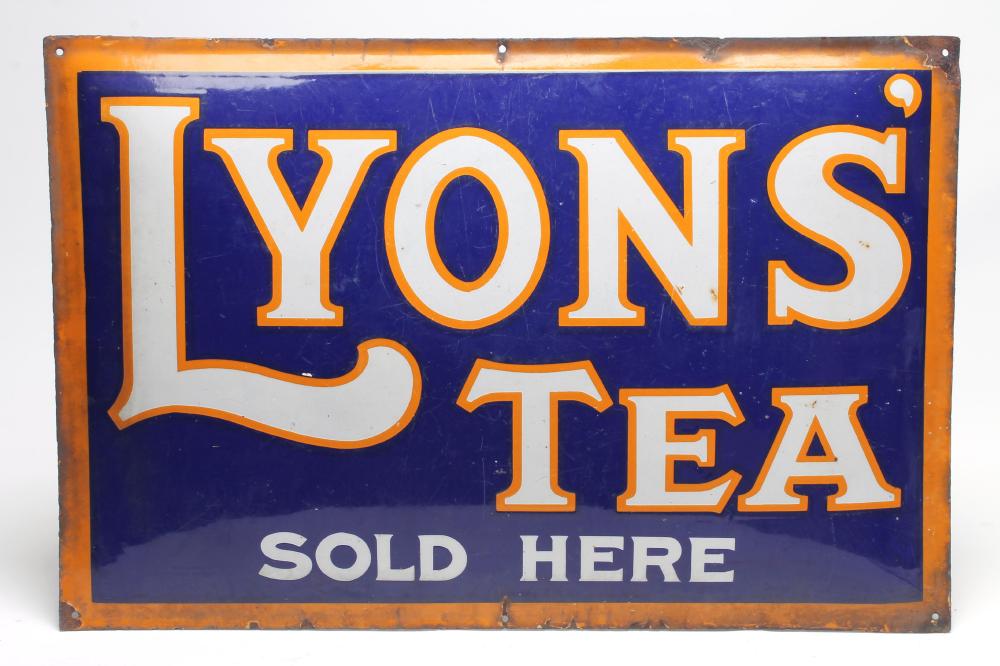 An enamelled tin sign "Lyons' Tea Sold Here" Image