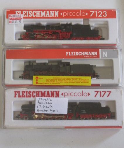 Three Fleischmann N gauge steam locomotives comprising 7177 2-10-0 51. 7123 2-6-2- 23 Image