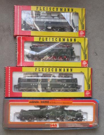 Four HO Scale electric locomotives comprising Marklin HAMO 8356 Swiss Crocodile (plastic body Image