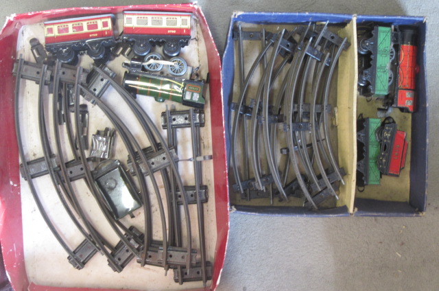 Playworn Hornby Train Set with M1 clockwork locomotive and a 0-4-0 clockwork locomotive and two Image