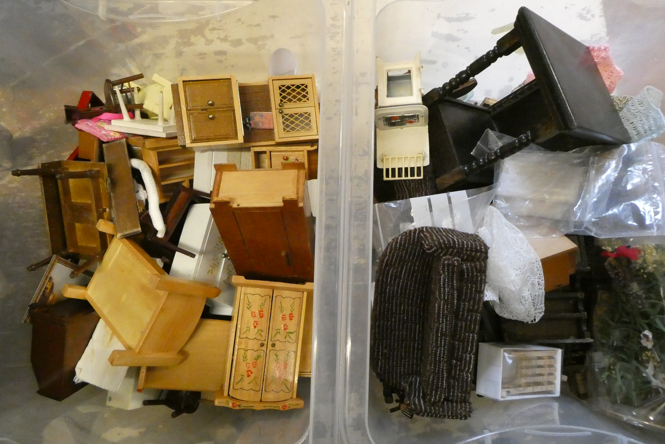 Two boxes of doll's house furniture & accessories, containing vintage and modern examples of wooden Image