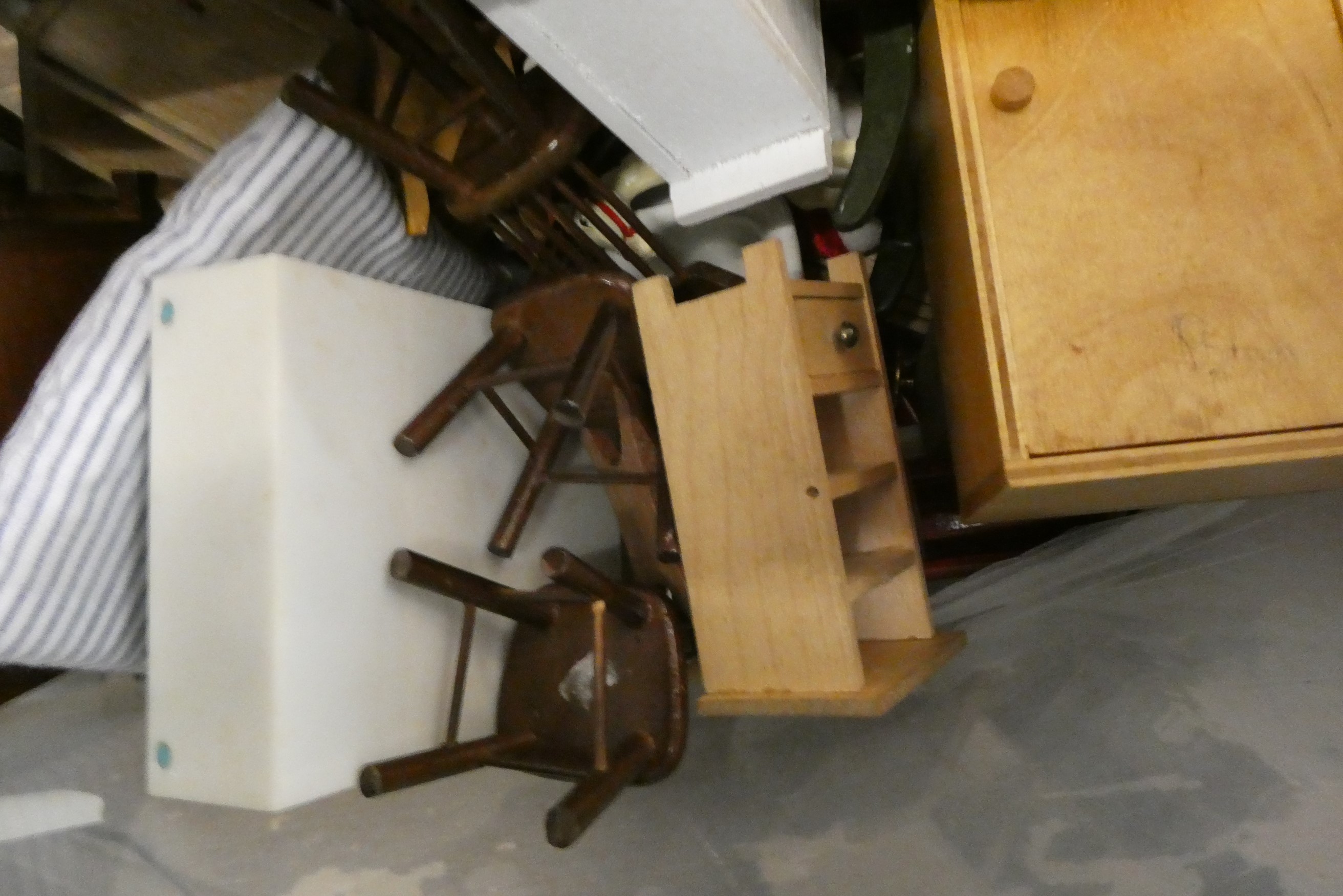 Two boxes of doll's house furniture & accessories, containing vintage and modern examples of wooden Image