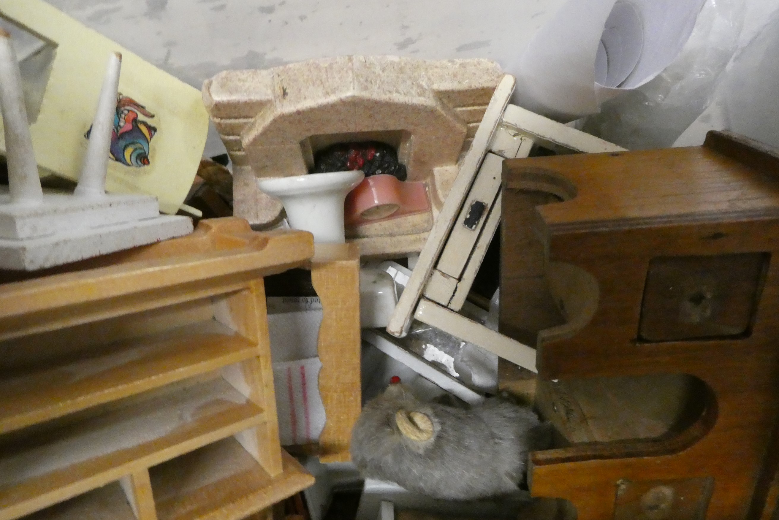 Two boxes of doll's house furniture & accessories, containing vintage and modern examples of wooden Image