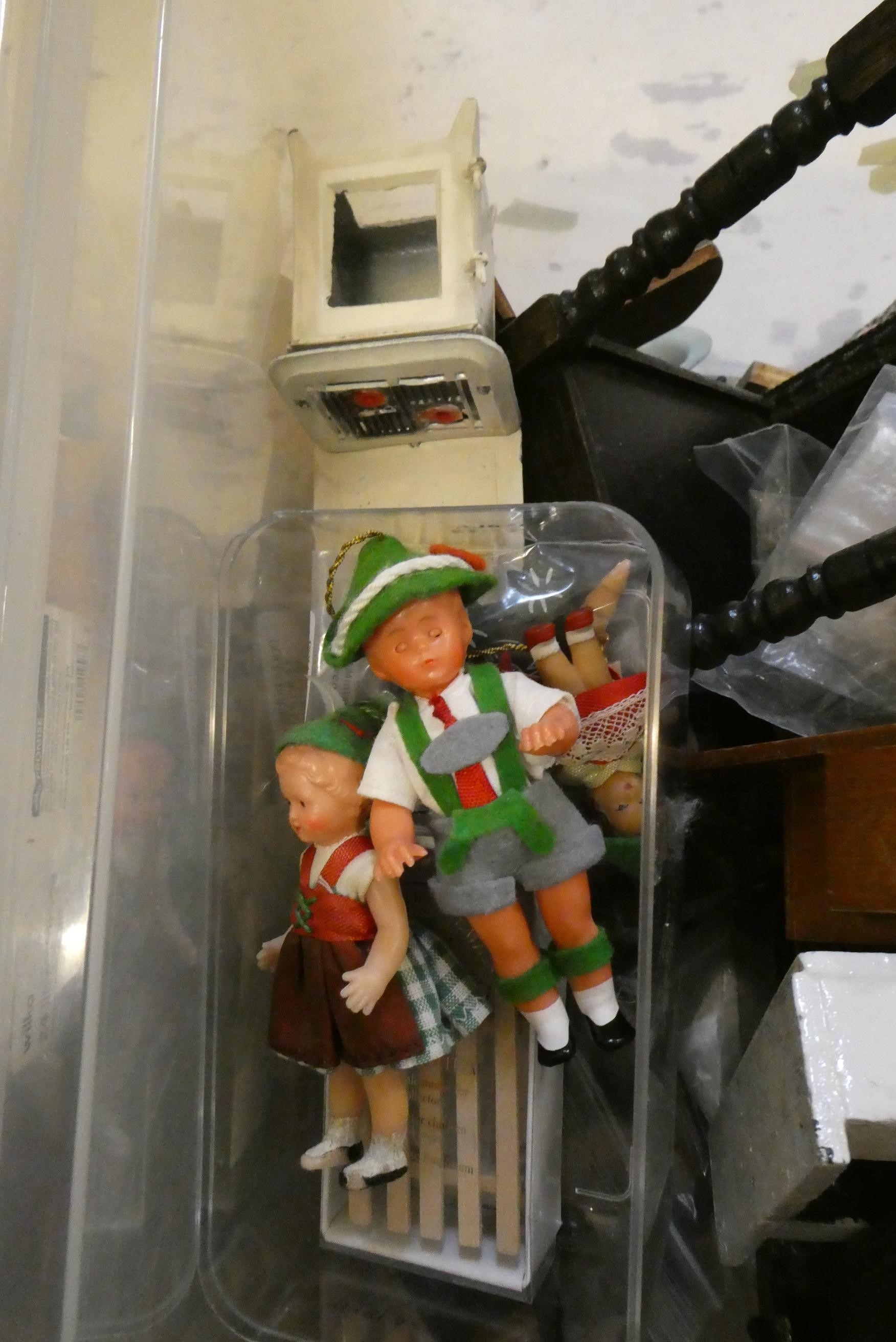 Two boxes of doll's house furniture & accessories, containing vintage and modern examples of wooden Image