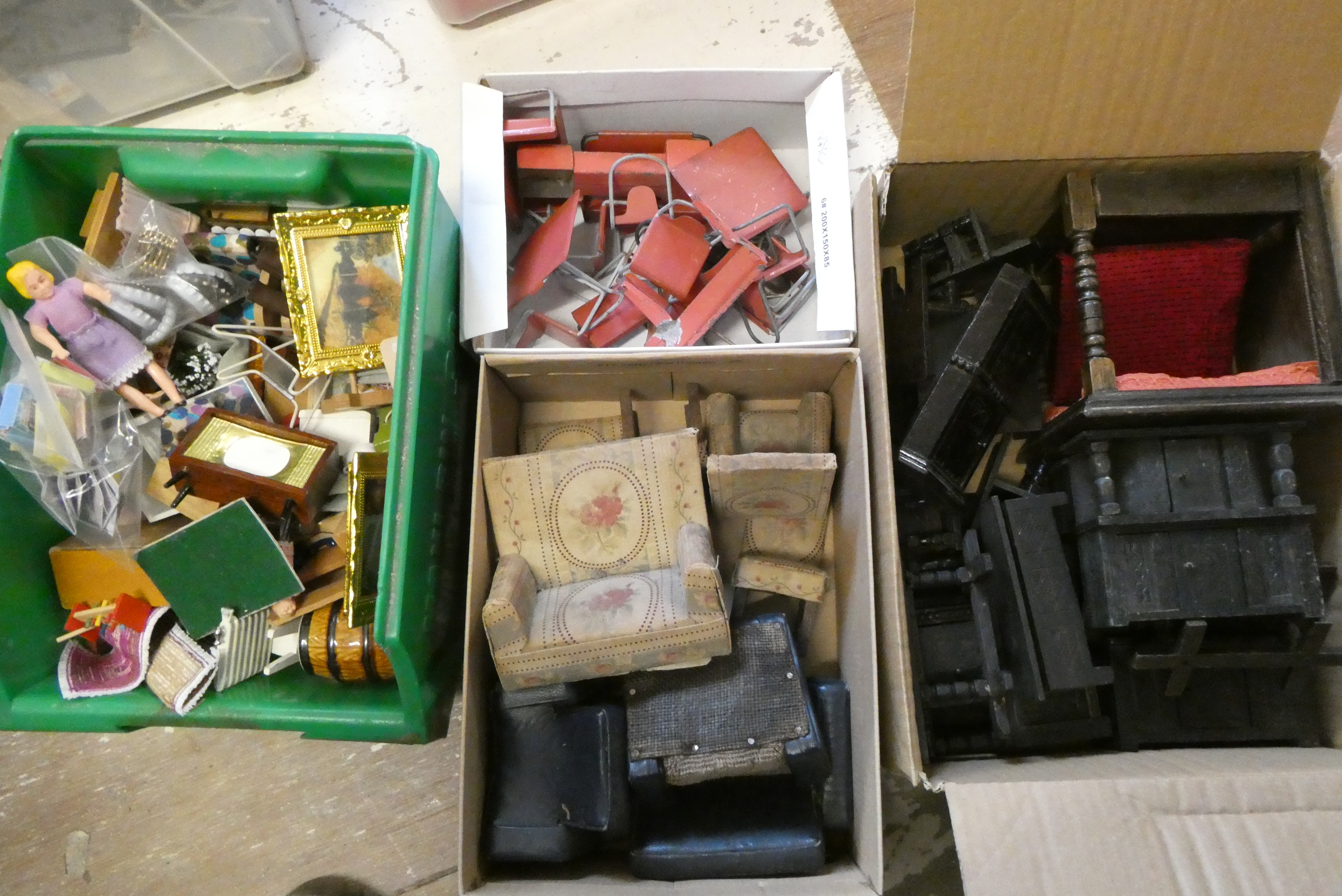 Four small boxes of doll's house furniture and accessories, including vintage wooden, metal and Image