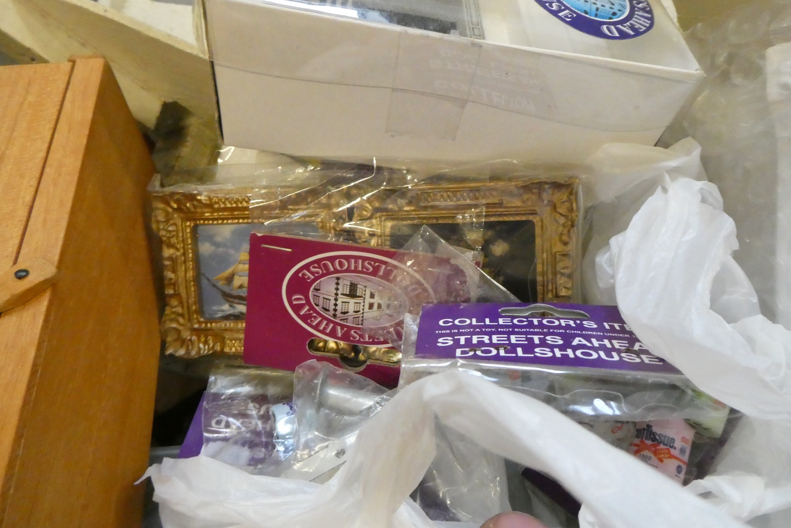 Four small boxes of doll's house furniture and accessories, including vintage wooden, metal and Image