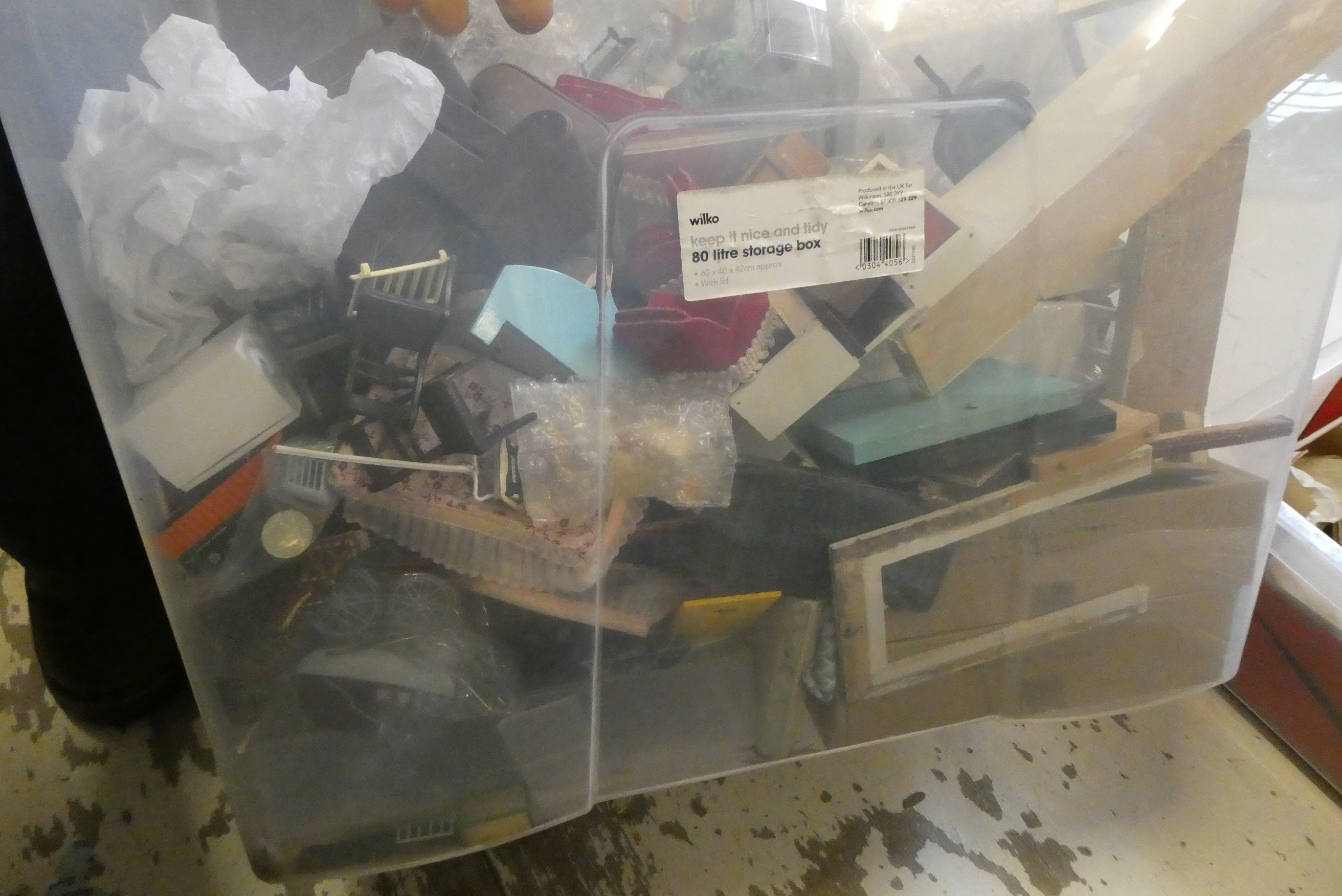 Four small boxes of doll's house furniture and accessories, including vintage wooden, metal and Image