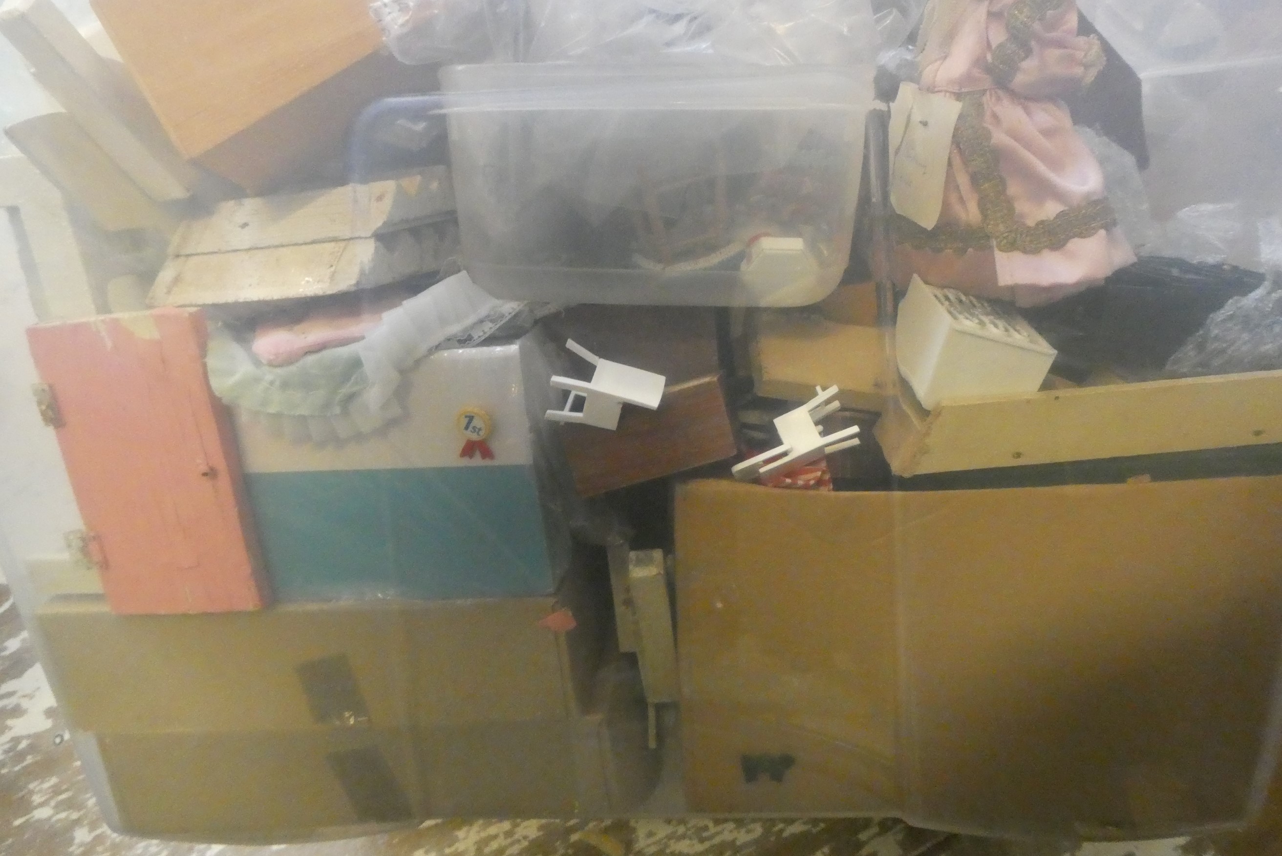 Four small boxes of doll's house furniture and accessories, including vintage wooden, metal and Image