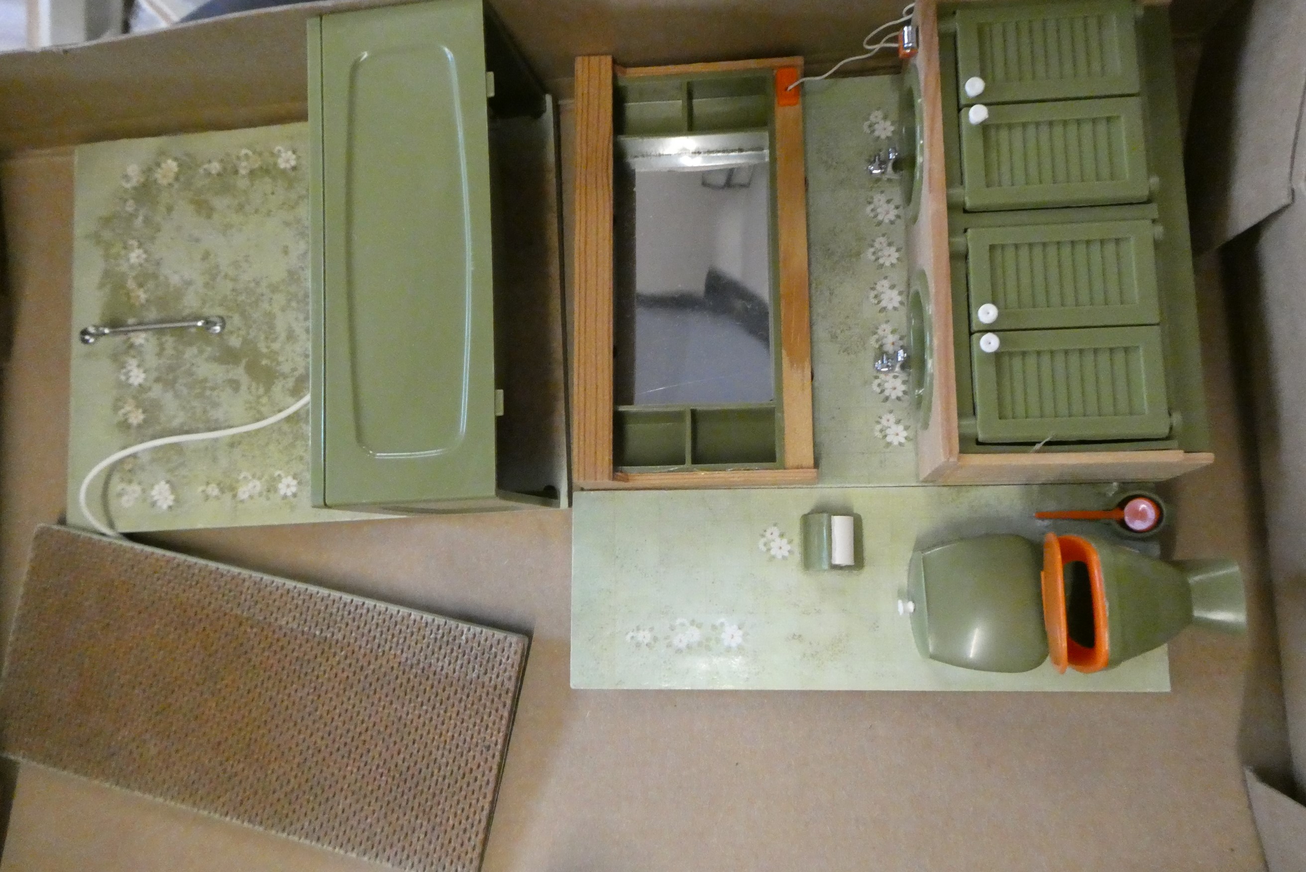 Four small boxes of doll's house furniture and accessories, including vintage wooden, metal and Image