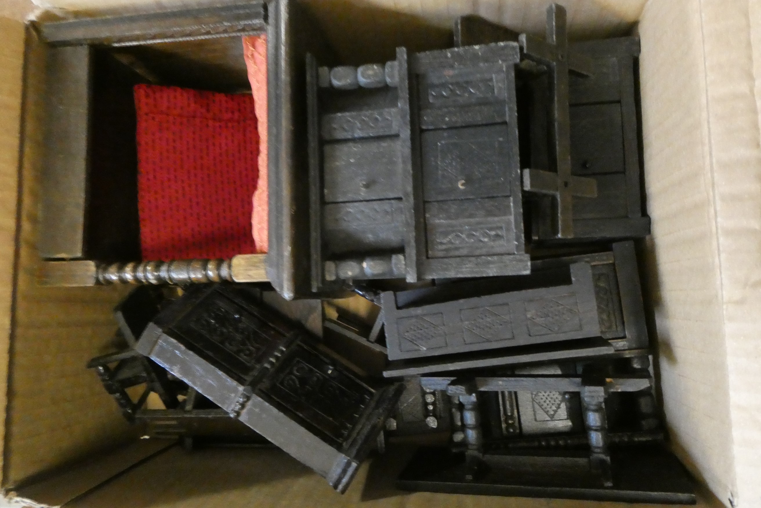 Four small boxes of doll's house furniture and accessories, including vintage wooden, metal and Image