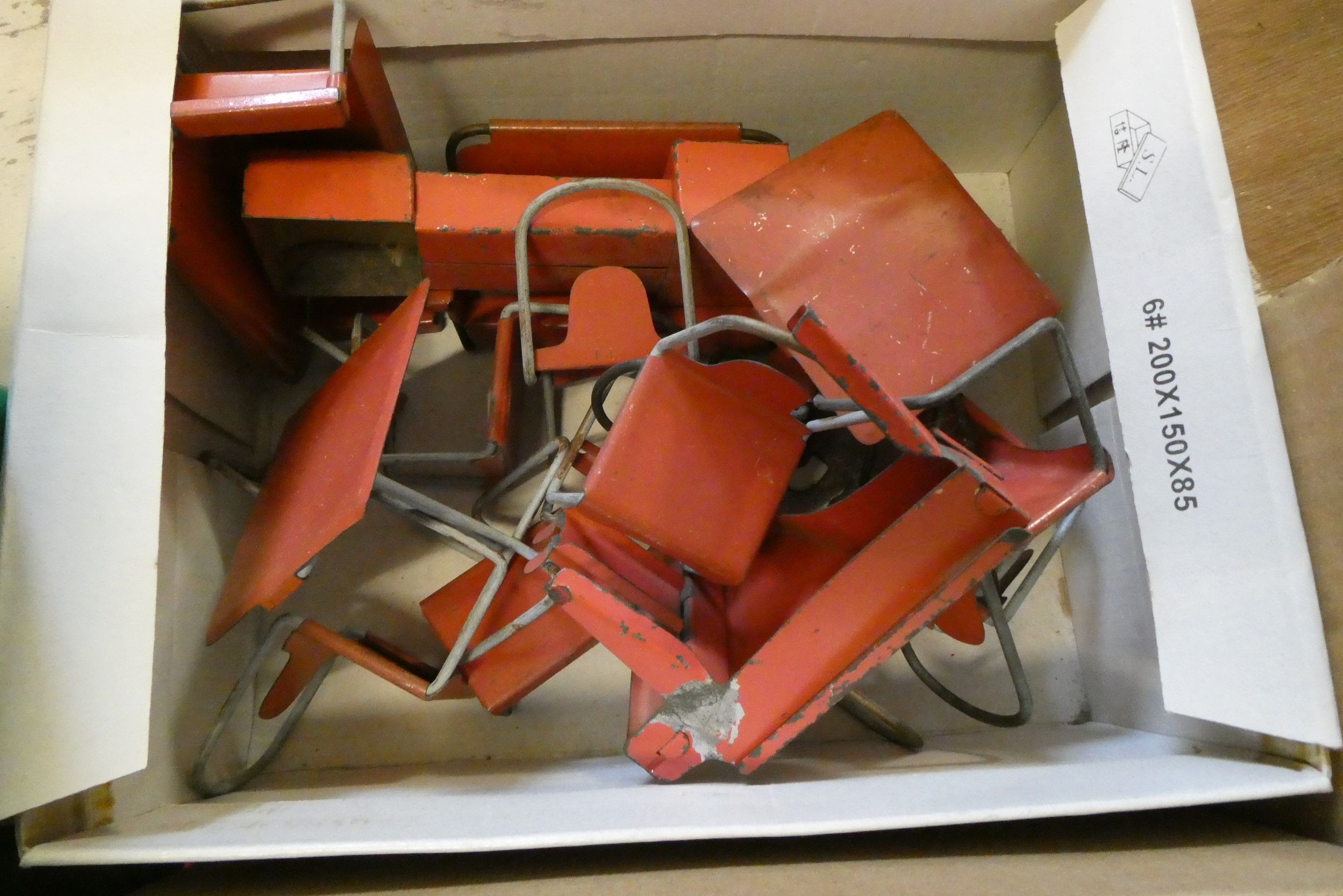 Four small boxes of doll's house furniture and accessories, including vintage wooden, metal and Image