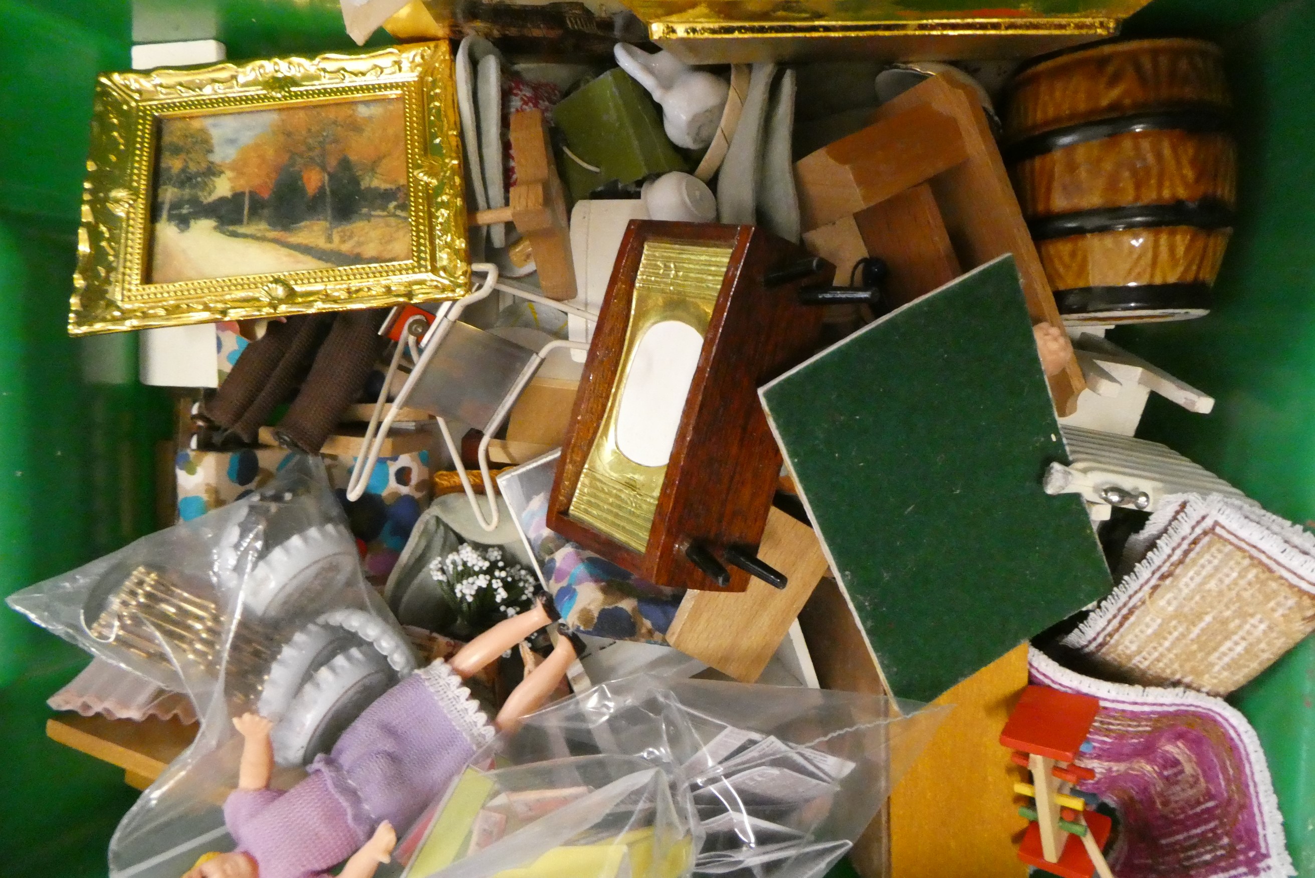 Four small boxes of doll's house furniture and accessories, including vintage wooden, metal and Image