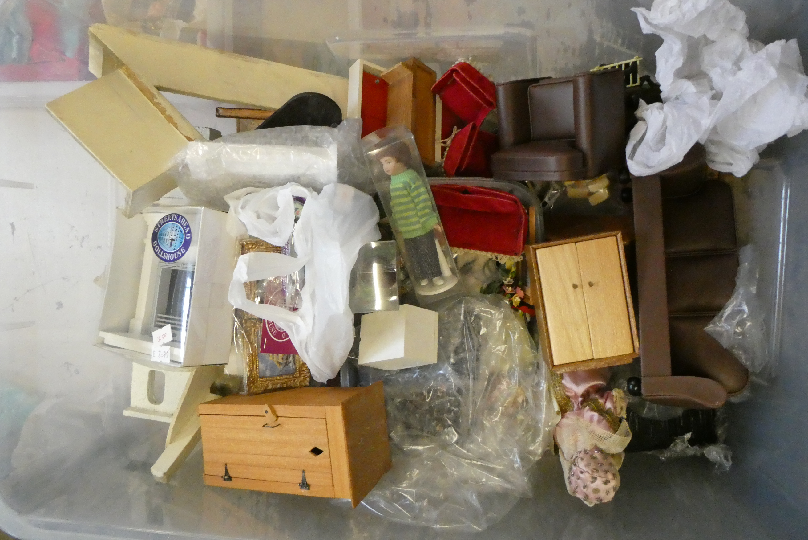 A large box of doll's house furniture, accessories and building items comprising vintage and modern Image