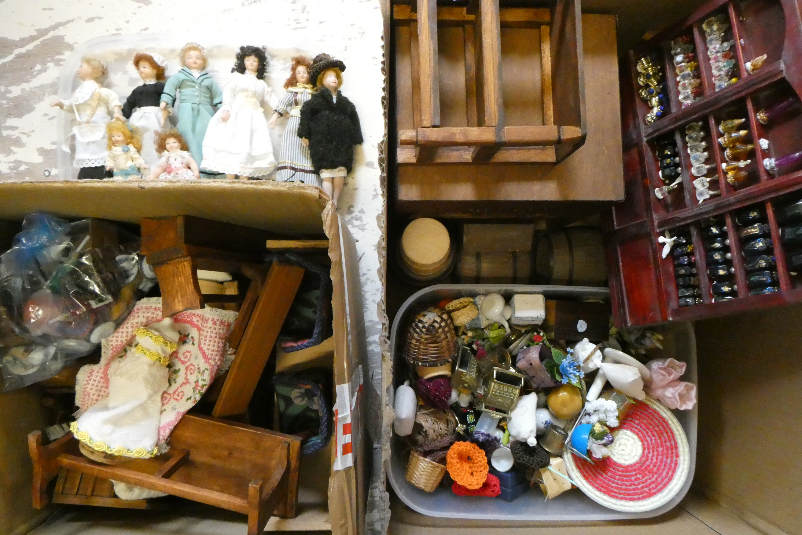Two boxes of doll's house furniture and accessories including wooden and upholstered furniture, Image