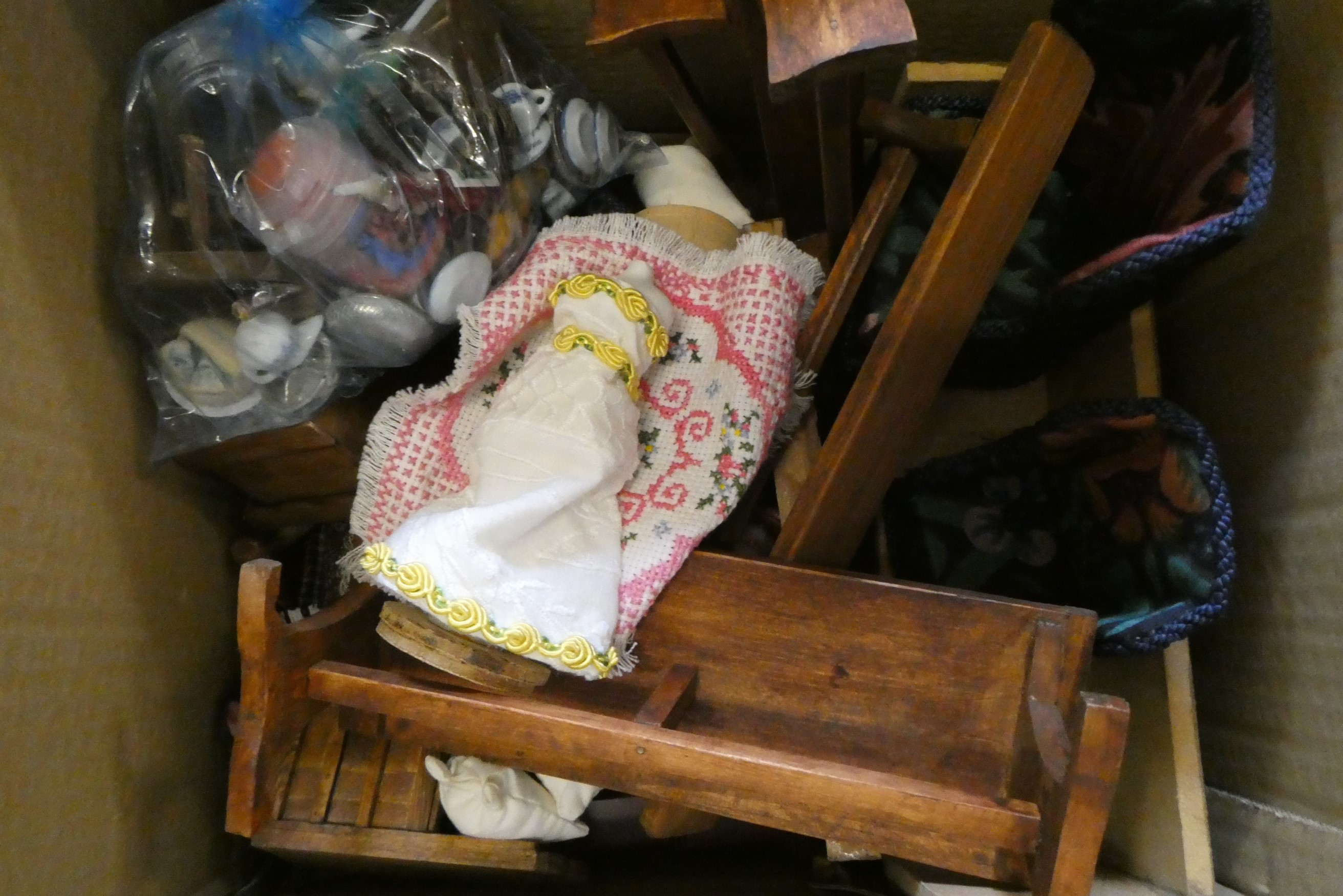 Two boxes of doll's house furniture and accessories including wooden and upholstered furniture, Image