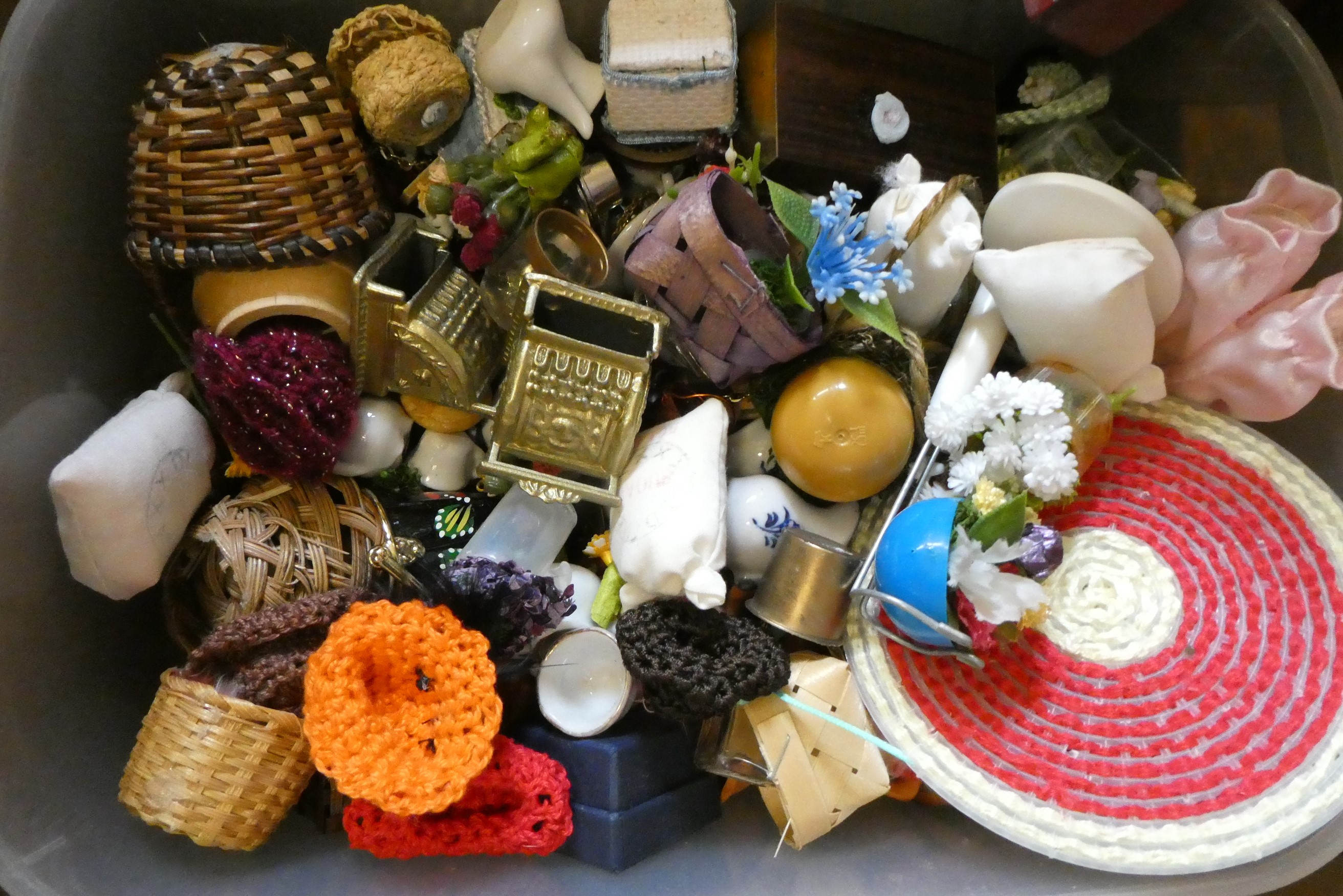 Two boxes of doll's house furniture and accessories including wooden and upholstered furniture, Image