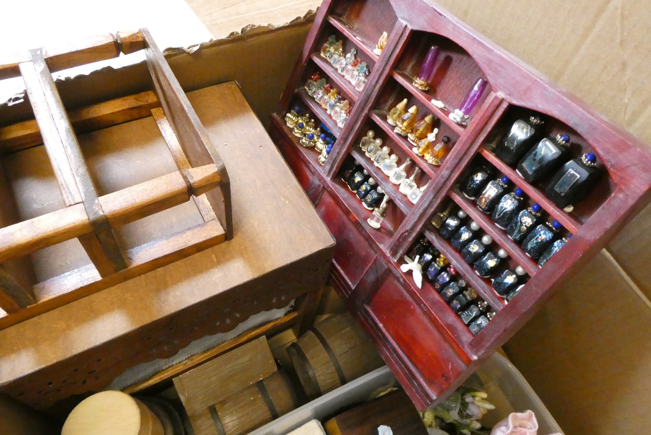 Two boxes of doll's house furniture and accessories including wooden and upholstered furniture, Image