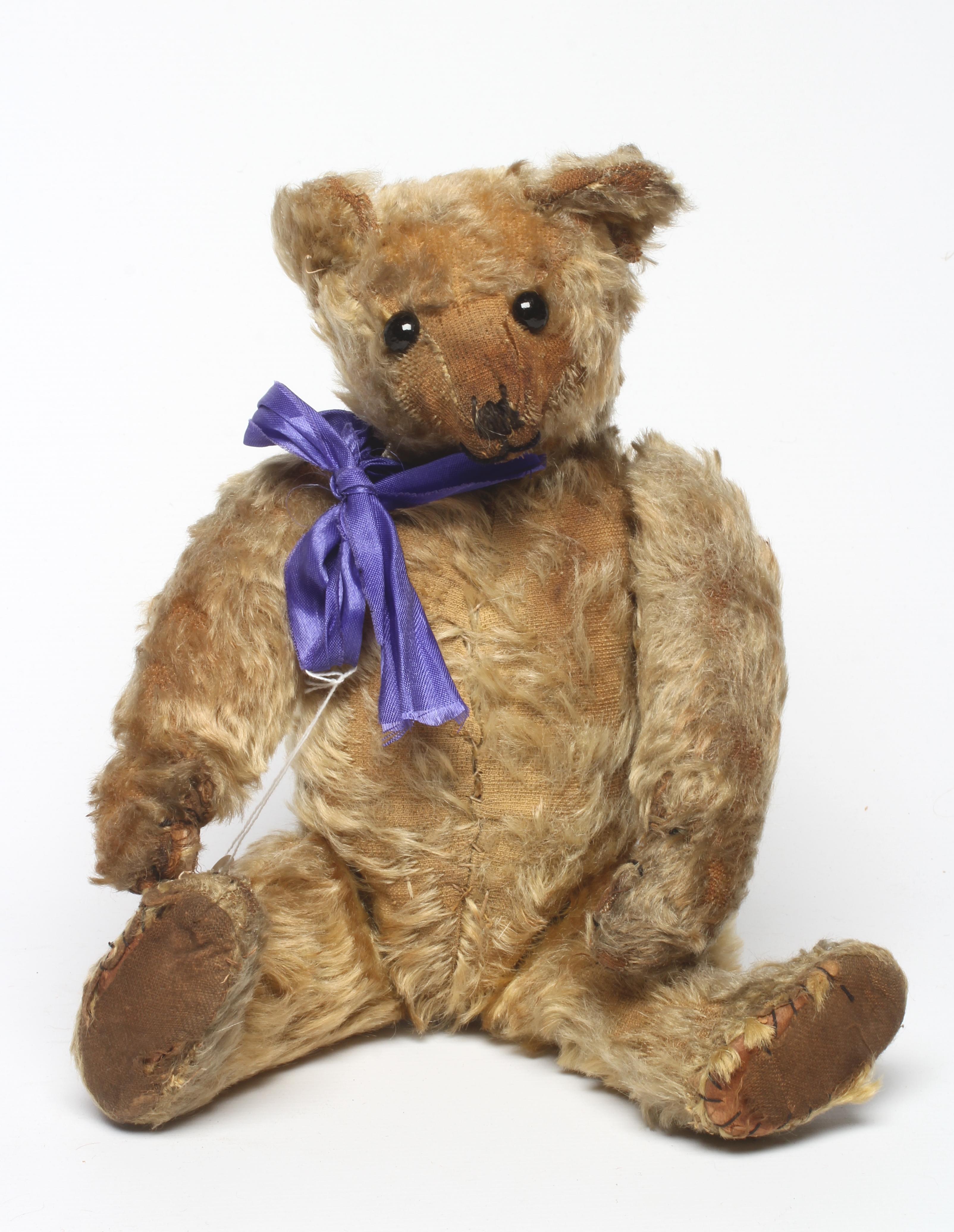 A mohair jointed teddy bear, c.1910, with shoe button eyes, sewn nose, long nose and cloth pads, 14" Image