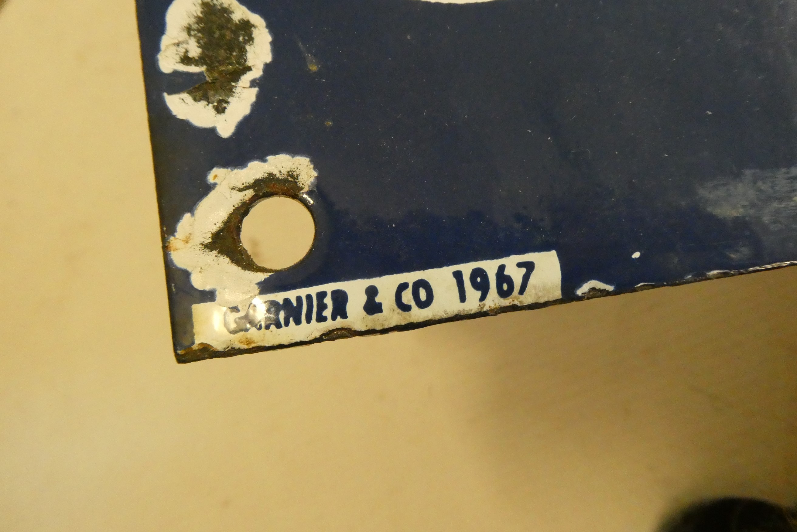 Enamel BCT bus stop sign, by Garnier & Co. 1967, together with an enamel "please queue at this side" Image