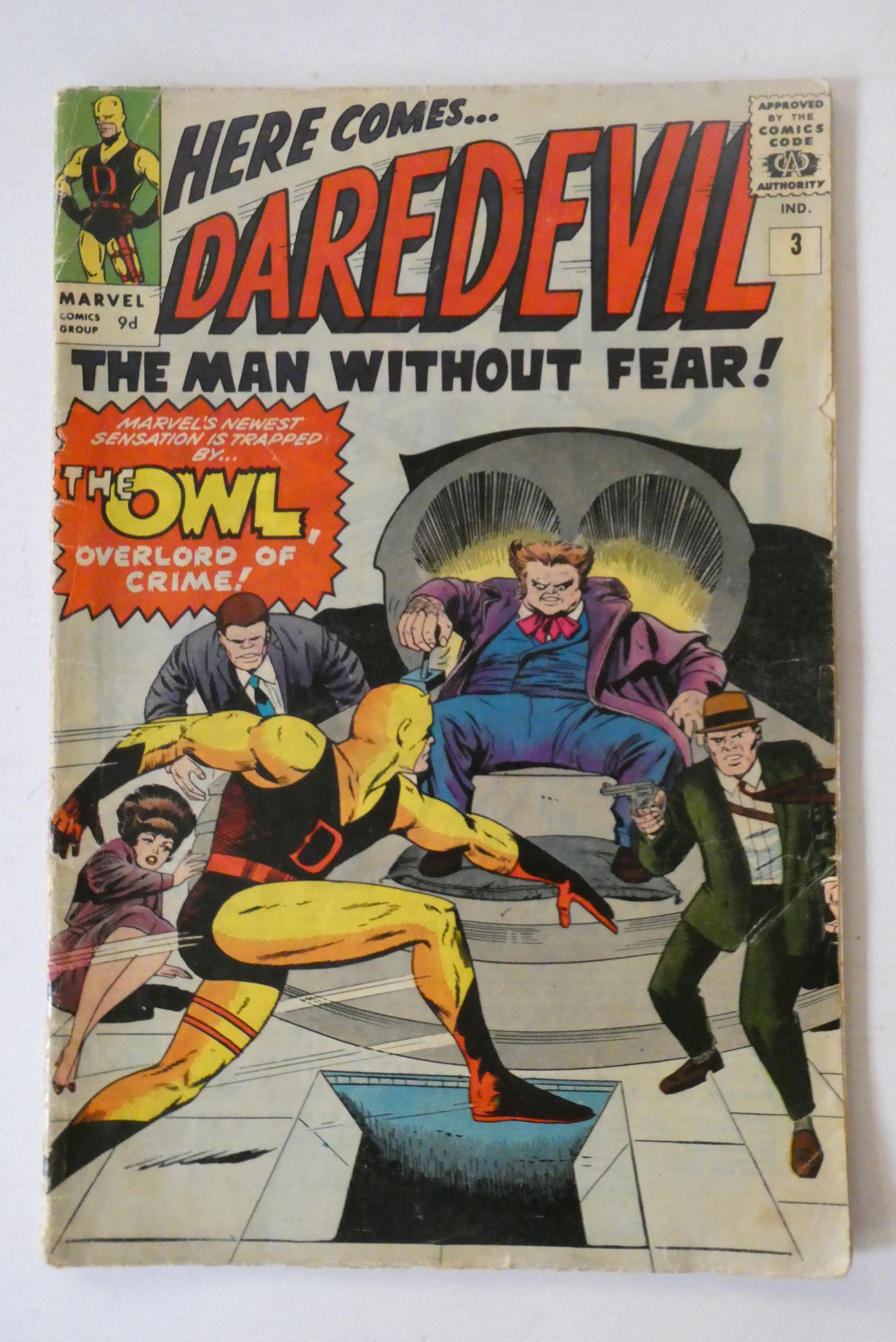 Marvel's Daredevil No.3, priced 9d, with The Owl, used condition, creasing present, minor loss to Image