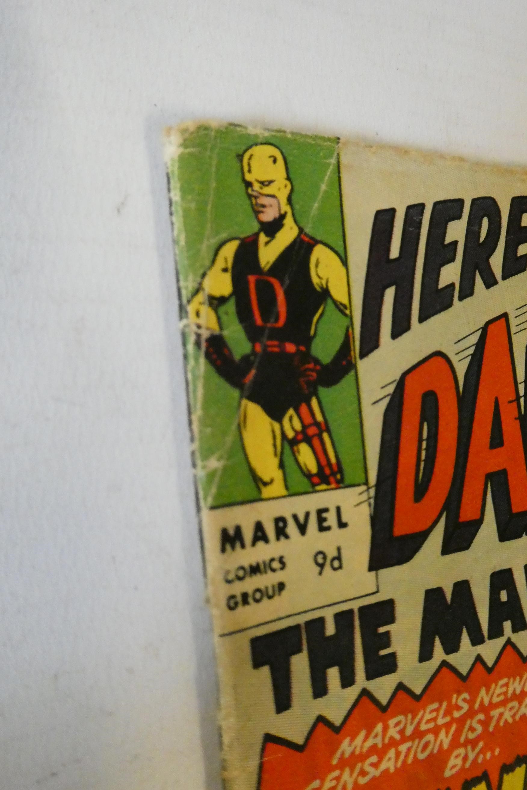 Marvel's Daredevil No.3, priced 9d, with The Owl, used condition, creasing present, minor loss to Image