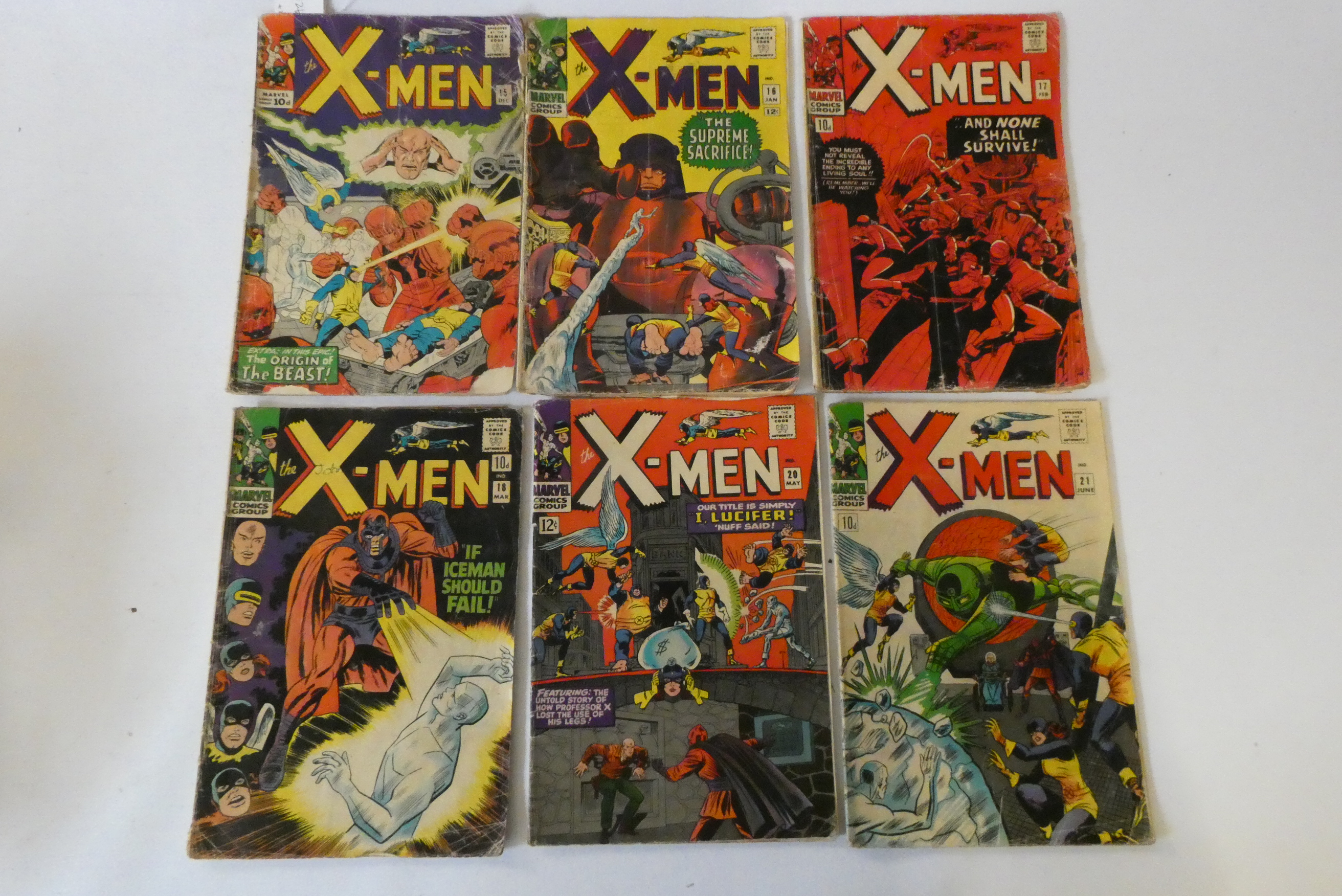Marvel's X-Men 15-18, and 20-27, eight priced 10d, the rest 12c. mixed used condition, creases, rips Image