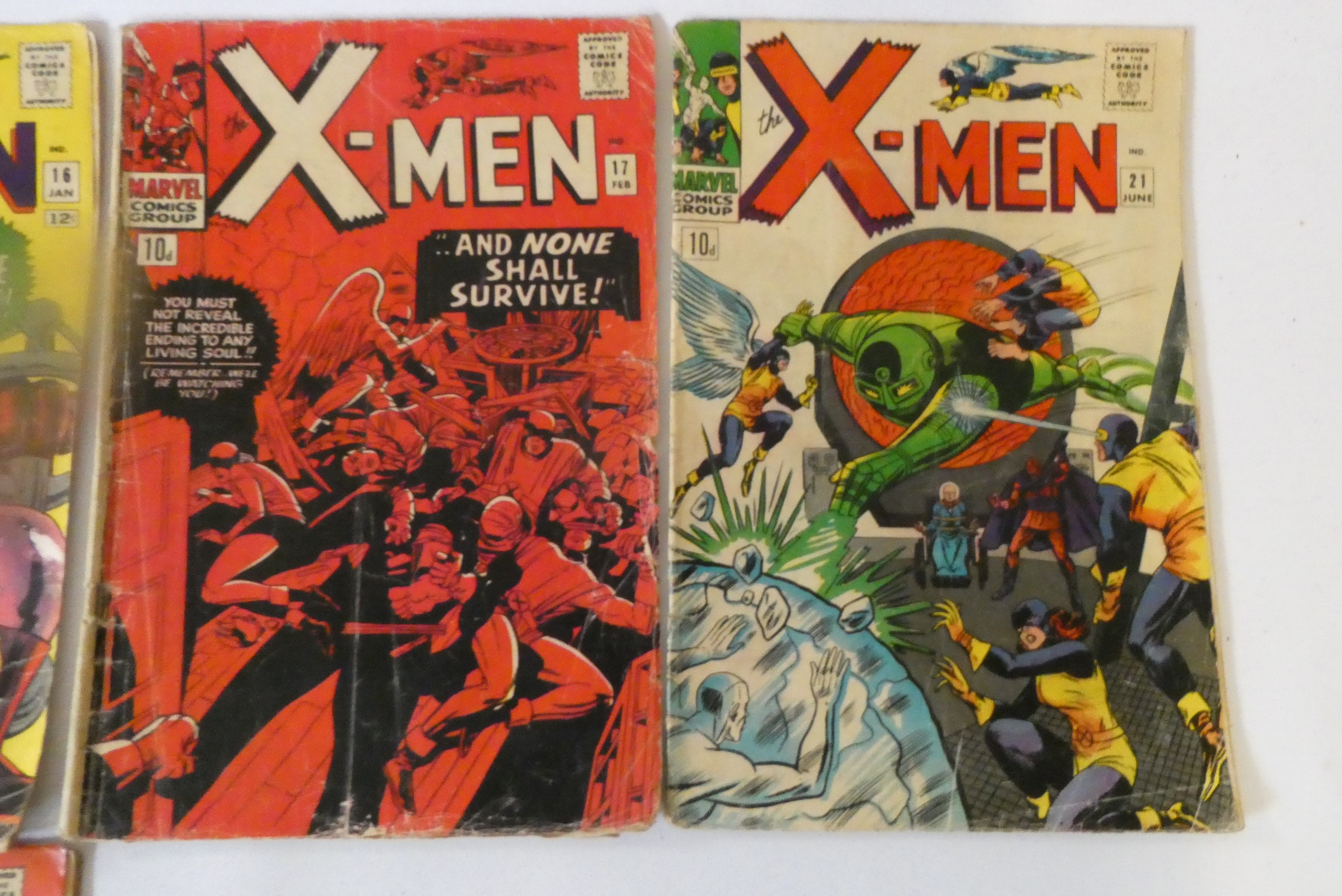 Marvel's X-Men 15-18, and 20-27, eight priced 10d, the rest 12c. mixed used condition, creases, rips Image