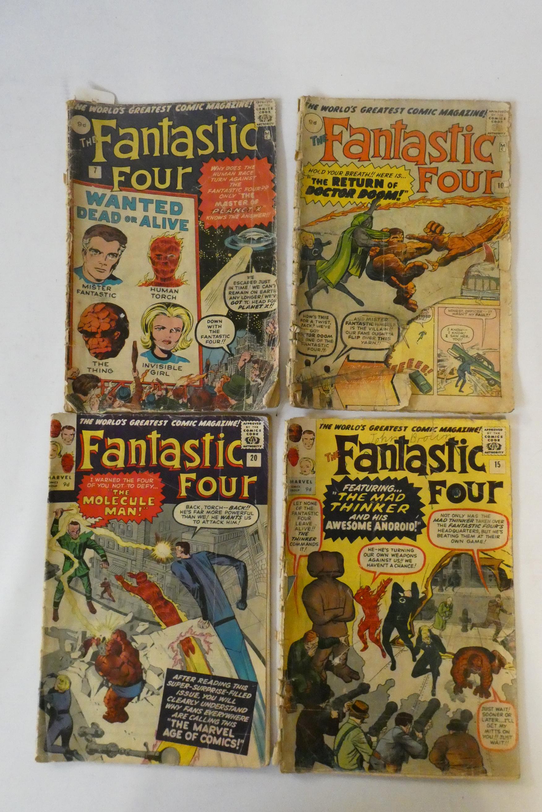 Marvel's Fantastic Four no. 7, 10, 15 and 20, all priced 9d, all in poor condition with rips, Image