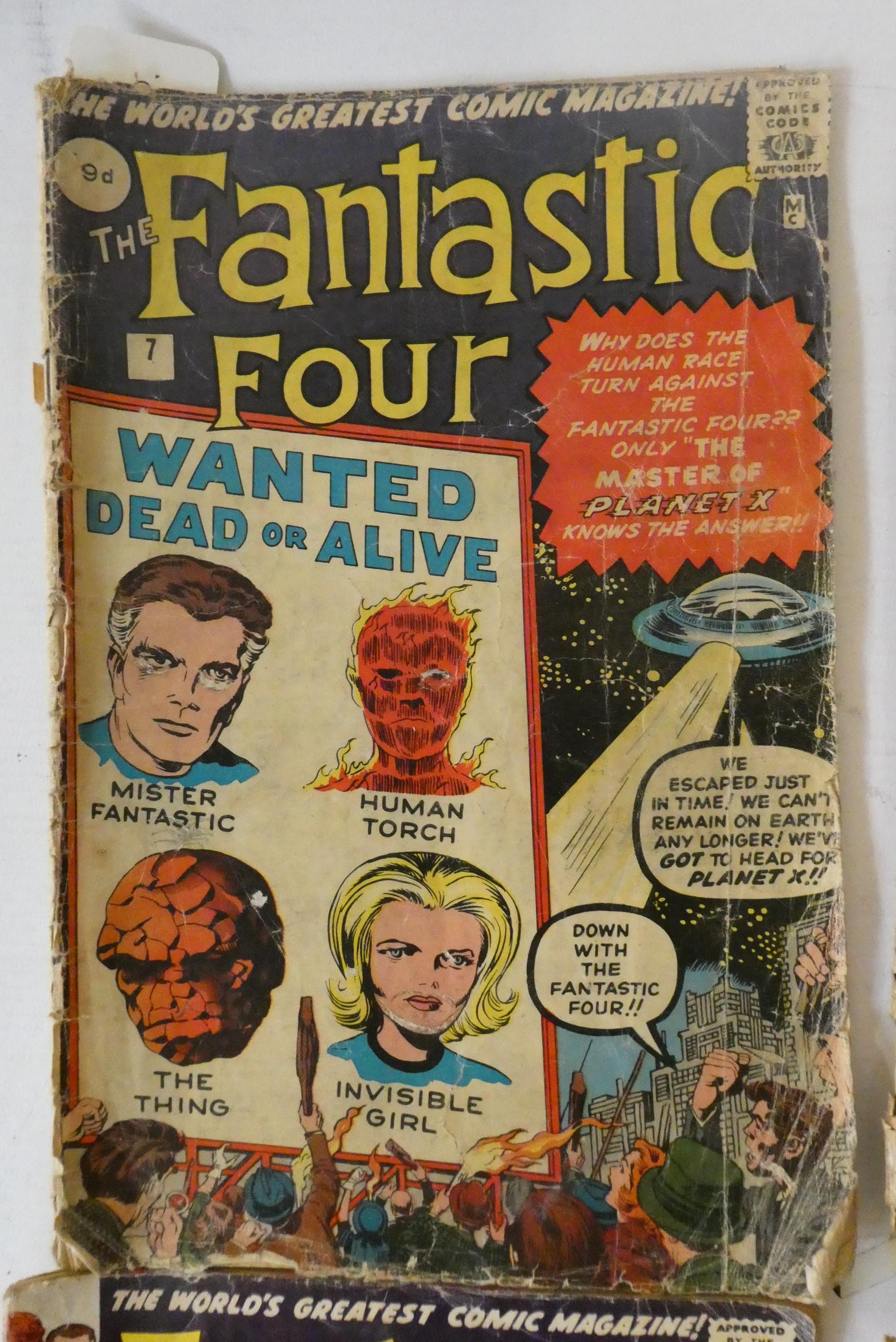 Marvel's Fantastic Four no. 7, 10, 15 and 20, all priced 9d, all in poor condition with rips, Image
