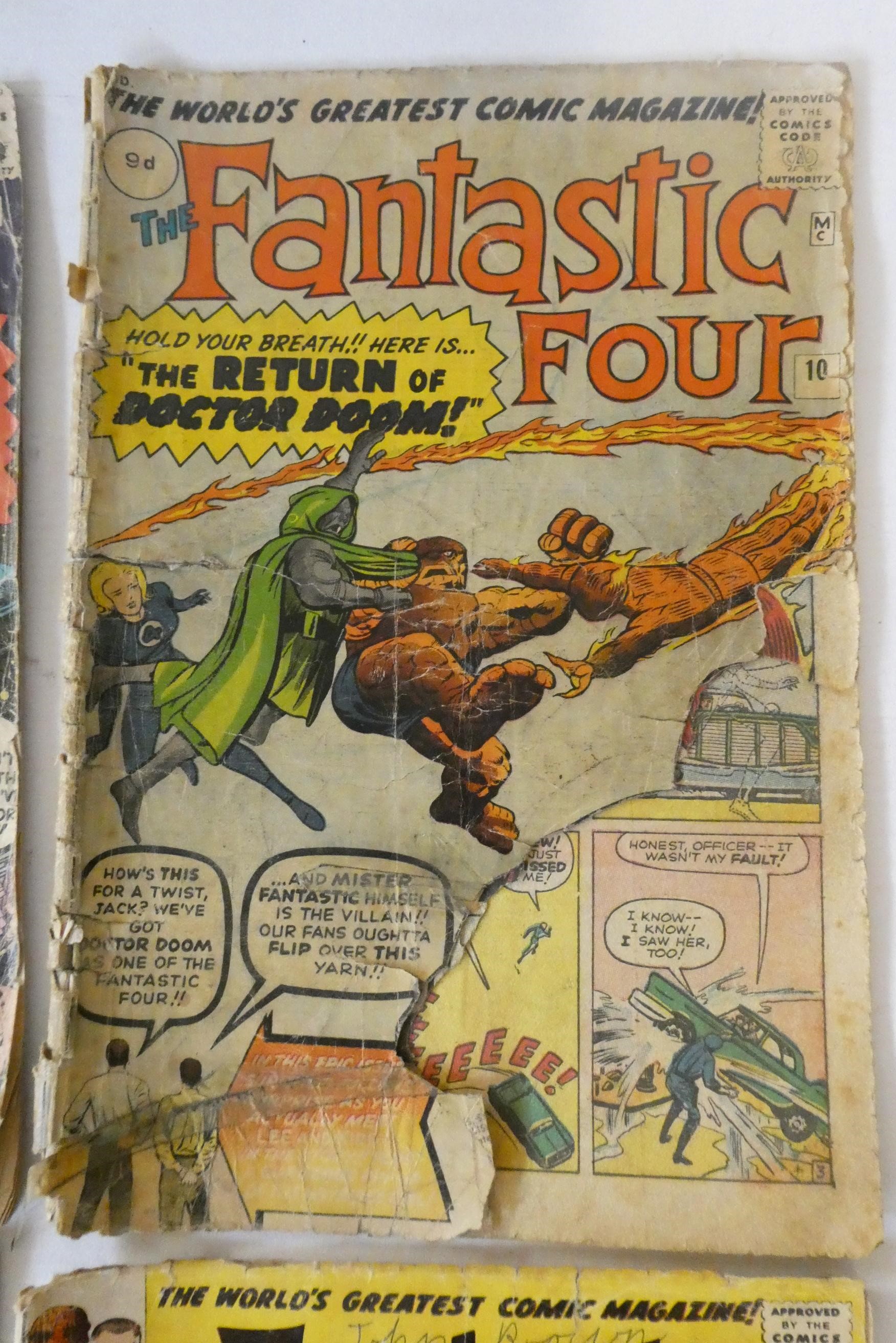 Marvel's Fantastic Four no. 7, 10, 15 and 20, all priced 9d, all in poor condition with rips, Image