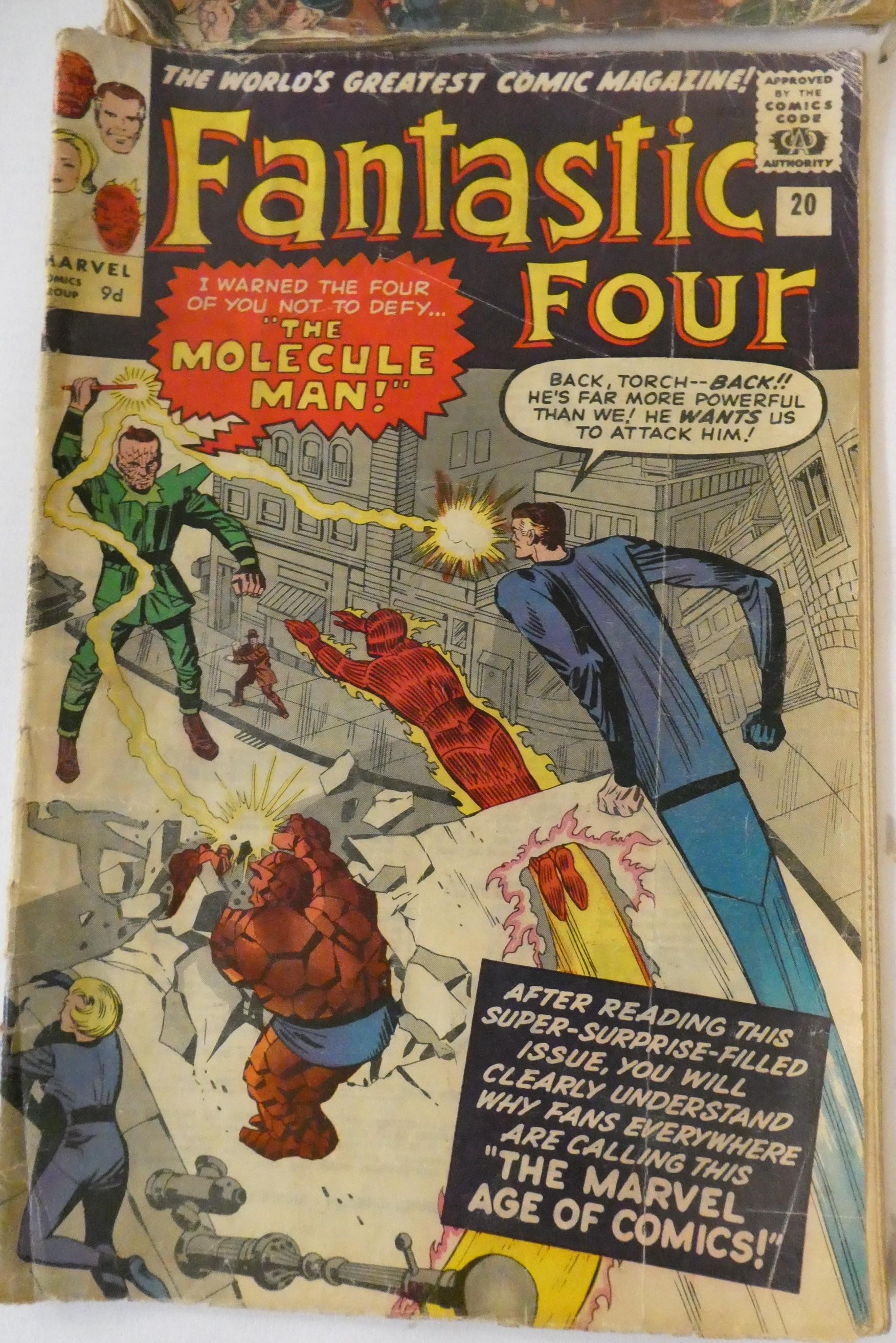 Marvel's Fantastic Four no. 7, 10, 15 and 20, all priced 9d, all in poor condition with rips, Image