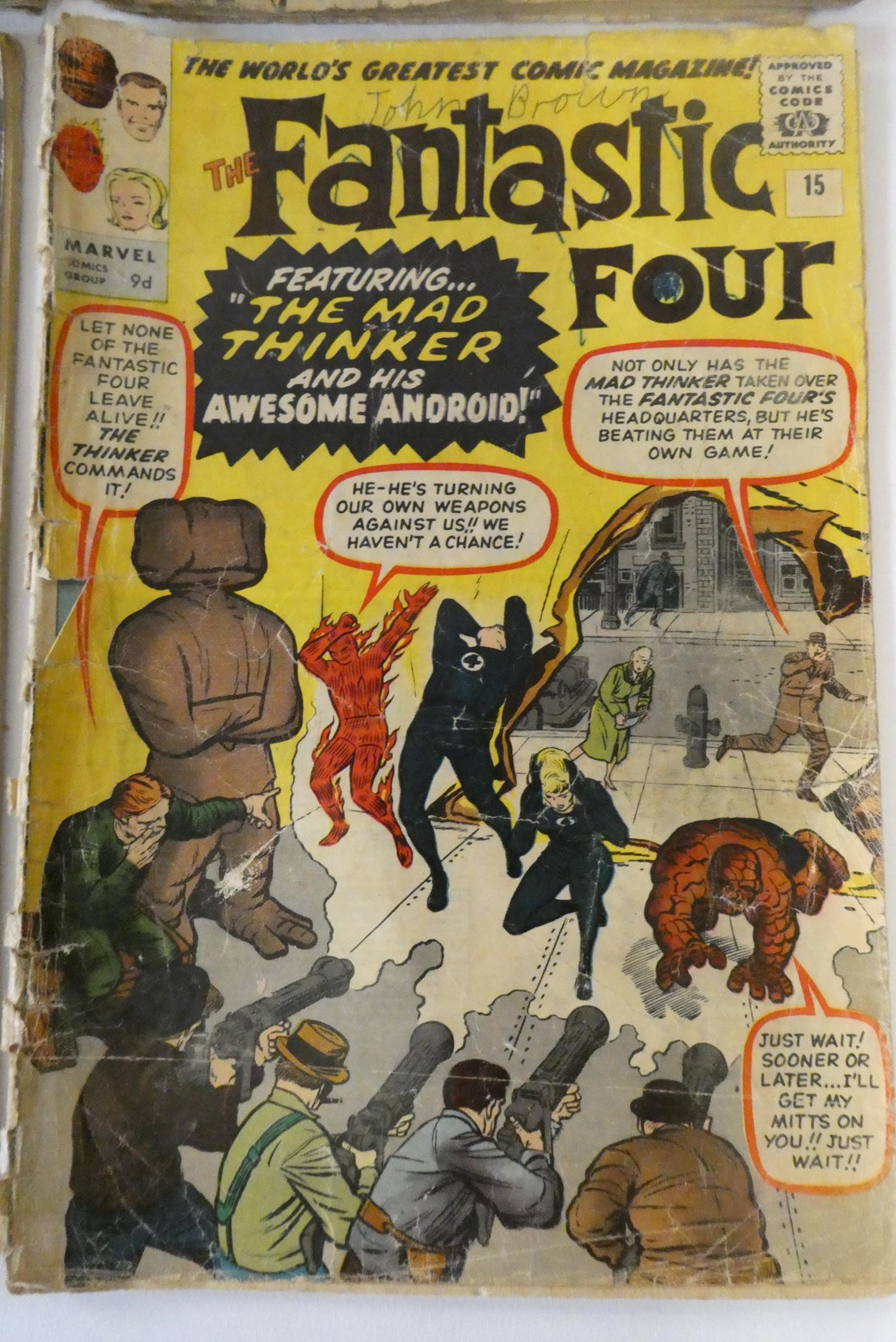 Marvel's Fantastic Four no. 7, 10, 15 and 20, all priced 9d, all in poor condition with rips, Image