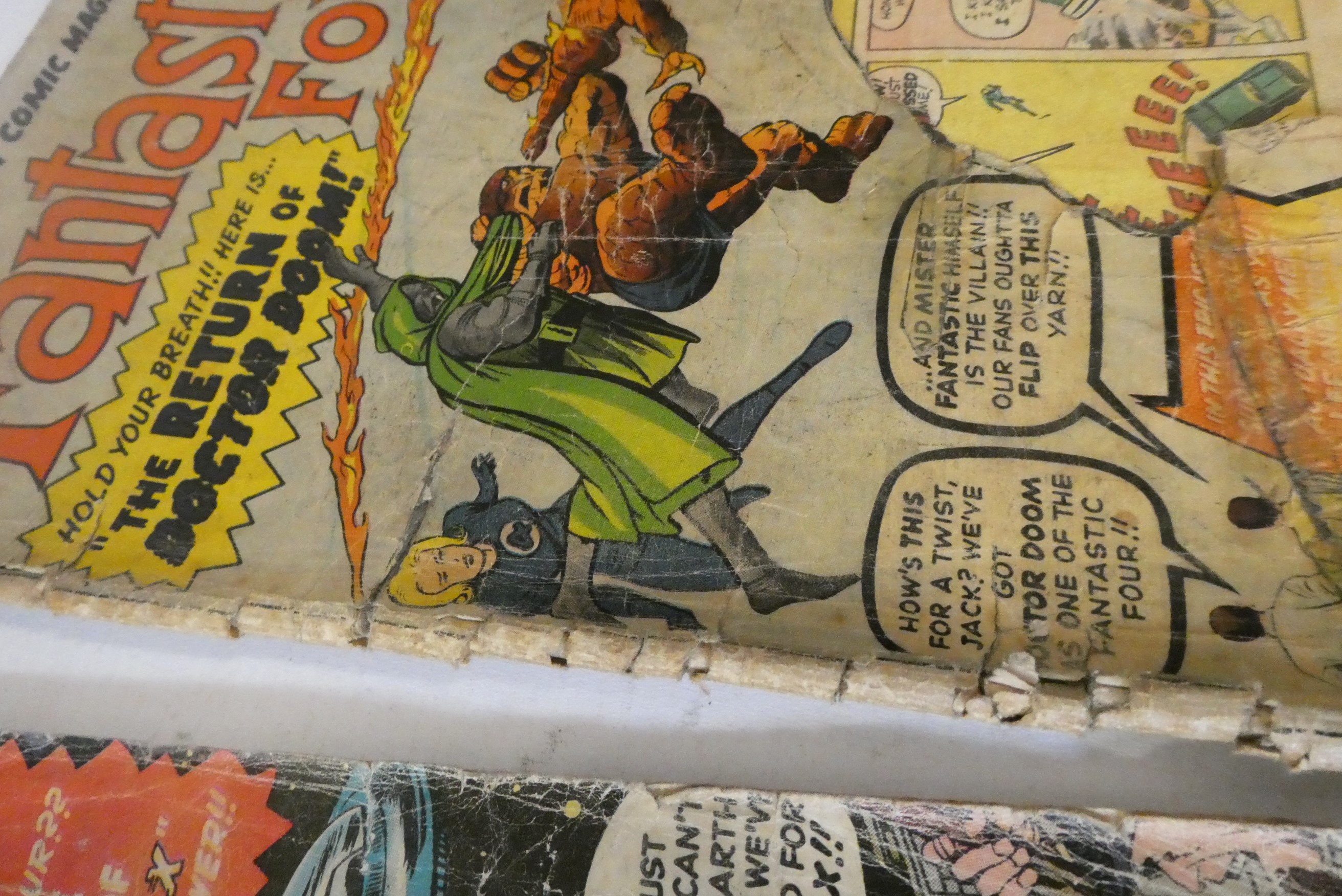 Marvel's Fantastic Four no. 7, 10, 15 and 20, all priced 9d, all in poor condition with rips, Image
