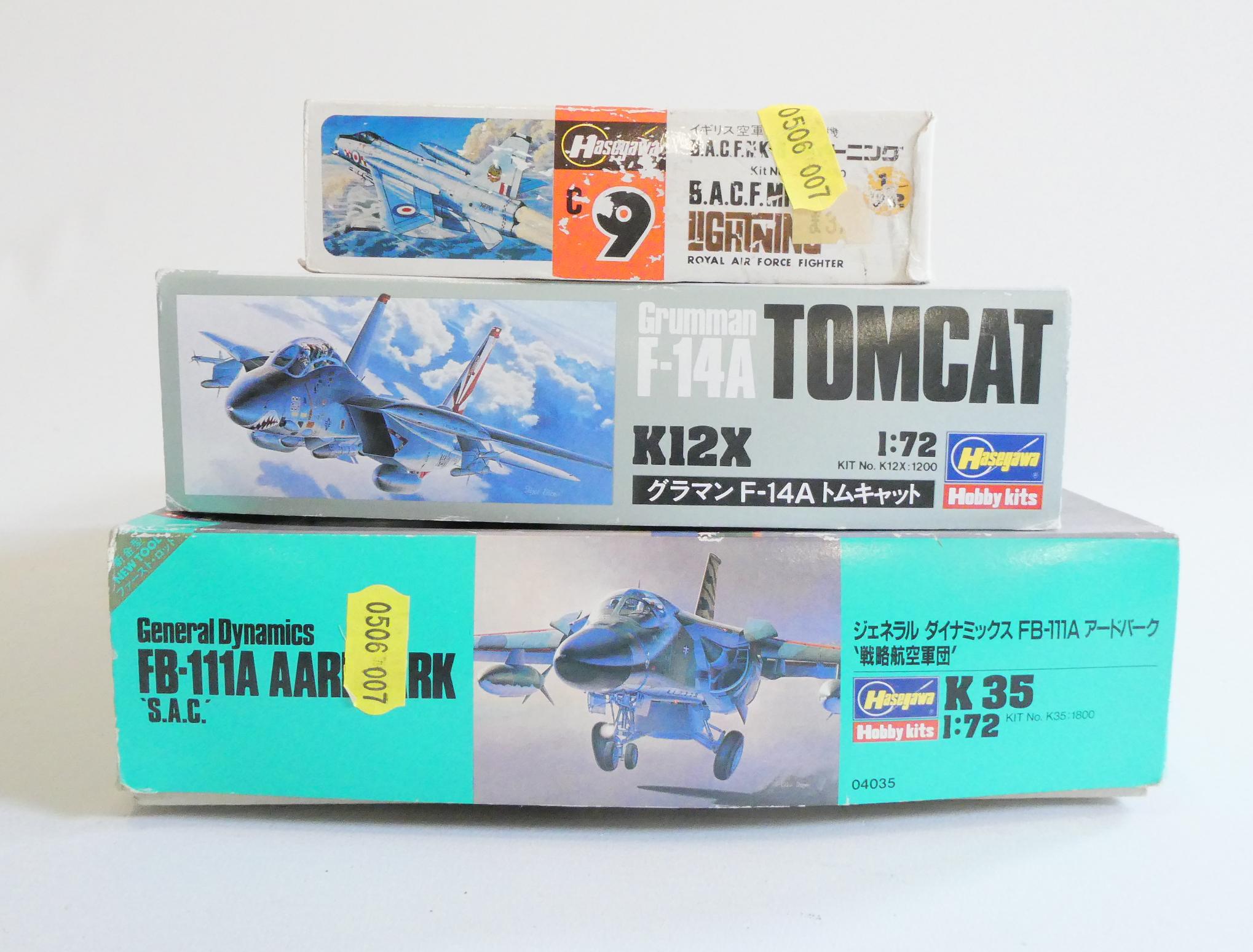 Three Hasegawa kits comprising BAC Lighting, F14 Tomcat and FB-111A, good, boxes unchecked for Image
