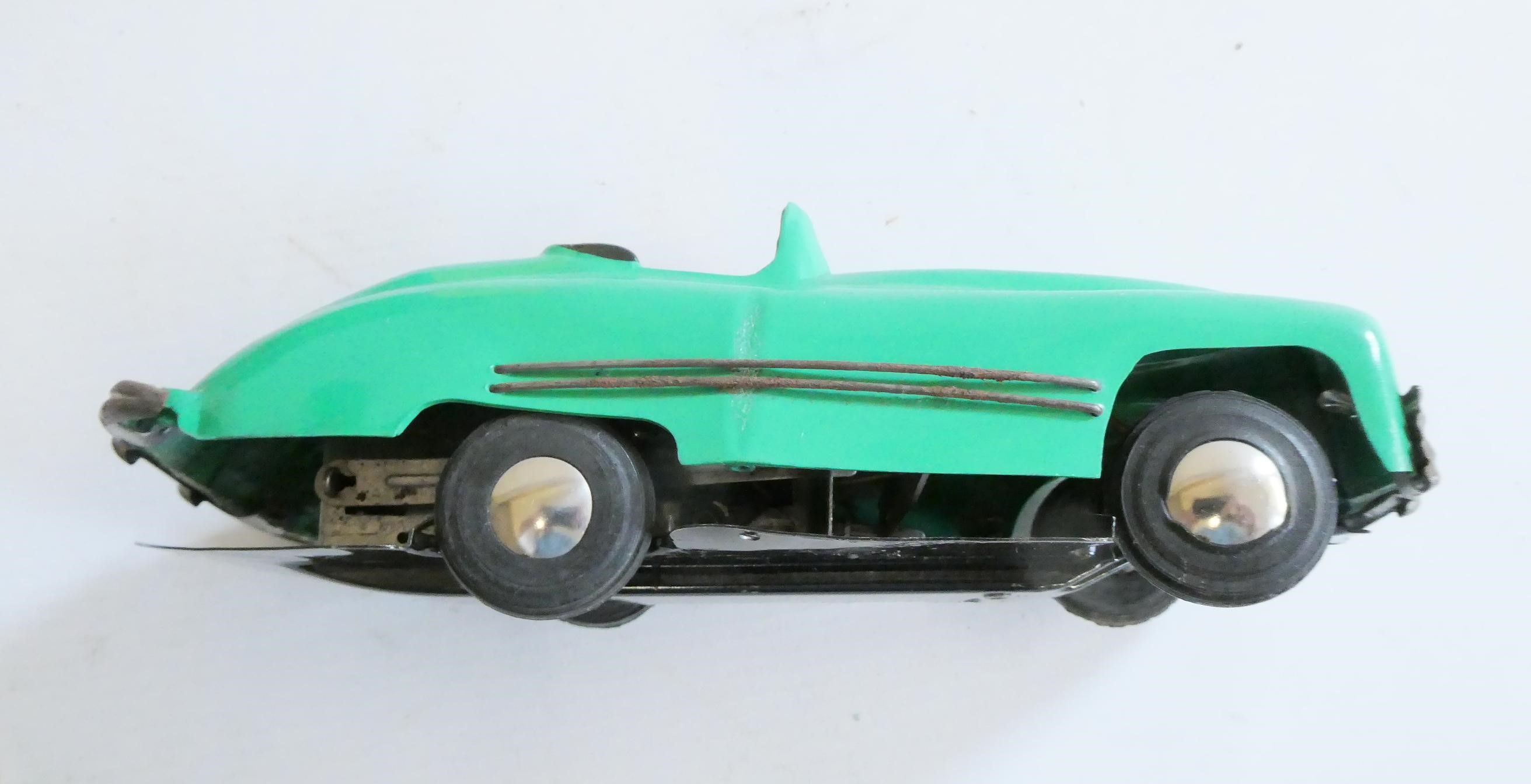 Triang Minic No2 Police car in maroon, bell missing, boxed, fair and No2 Minic Sports car in green, Image