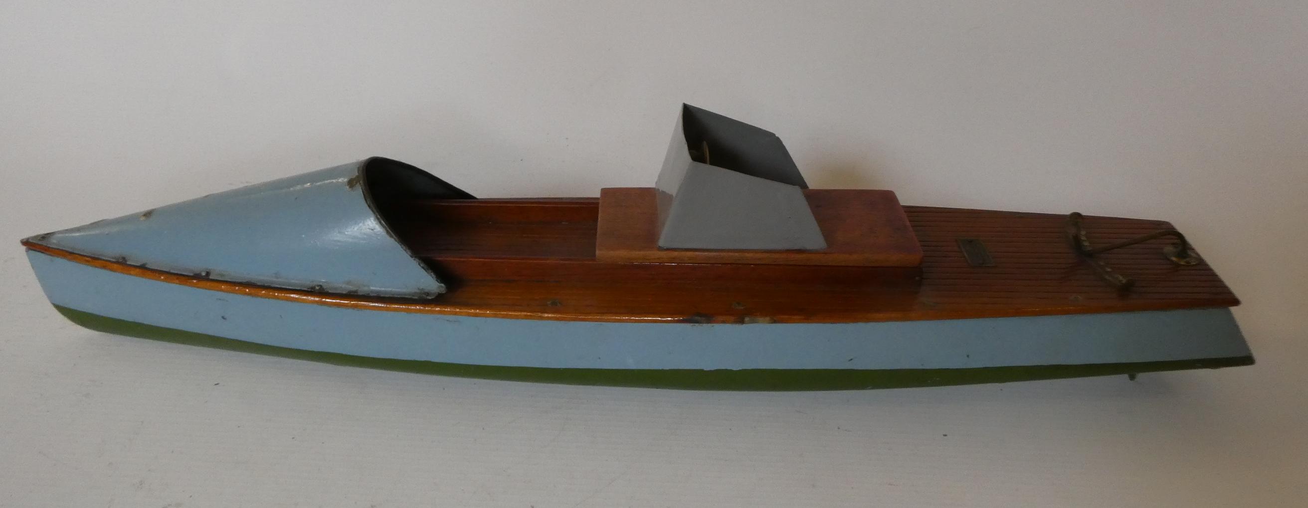 Bassett-Lowke clockwork speedboat finished in blue and green with teak deck, clockwork motor tested Image