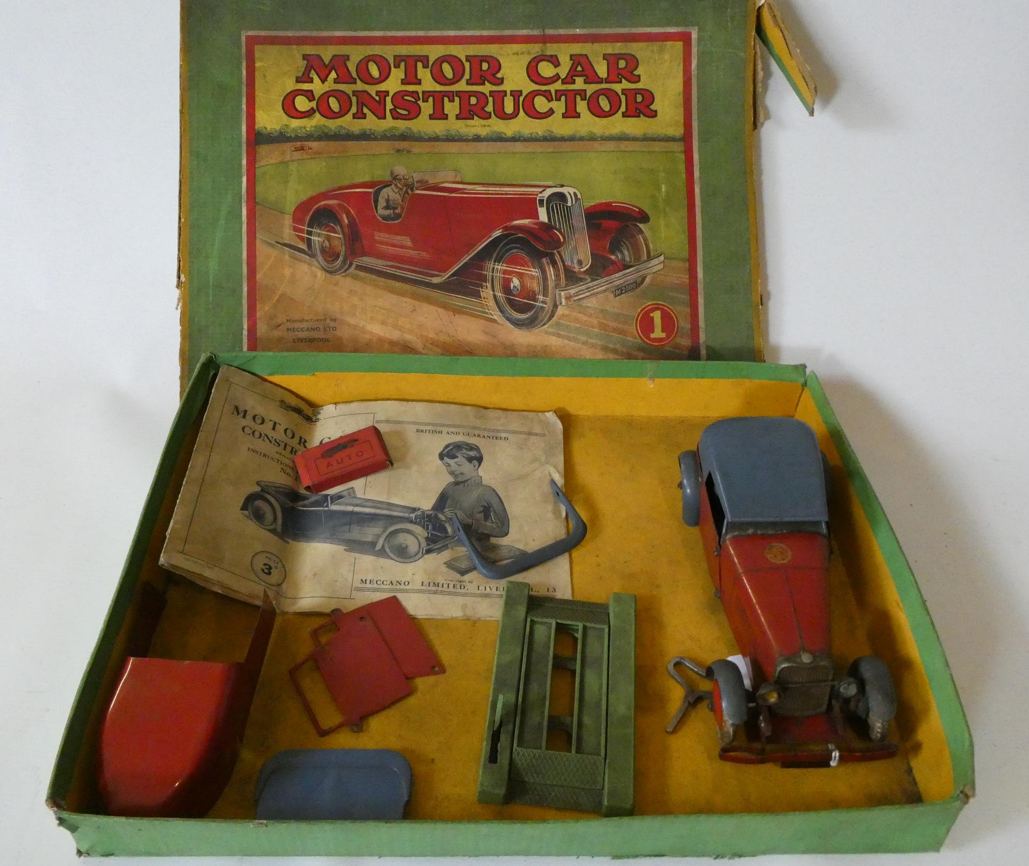 Meccano Motor Car Constructor Set No1 with clockwork car and additional parts, some minor rusting Image
