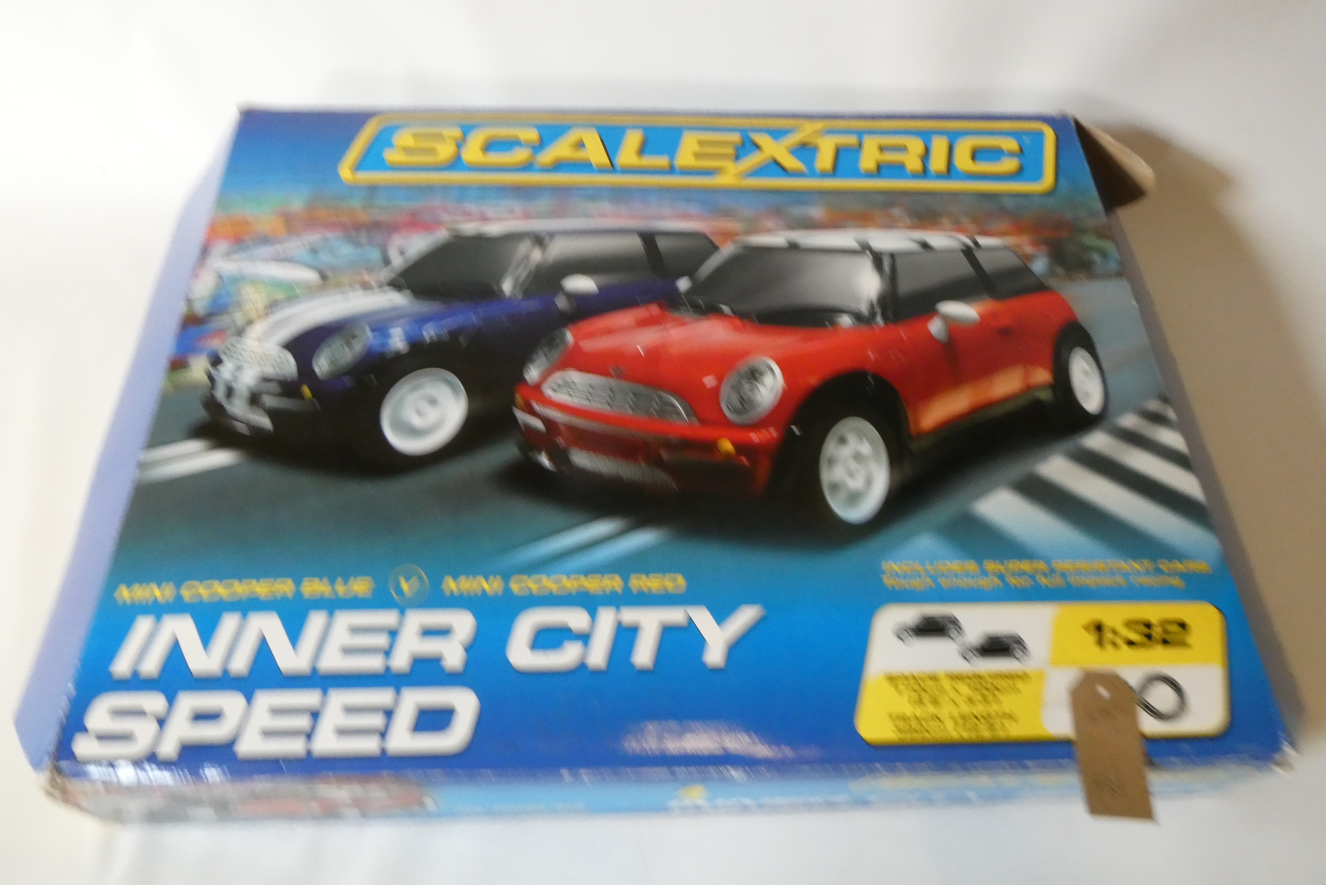 Scalextric Motor Racing Set, inner city speed with two mini cars, figure of 8 track, boxed, fair Image