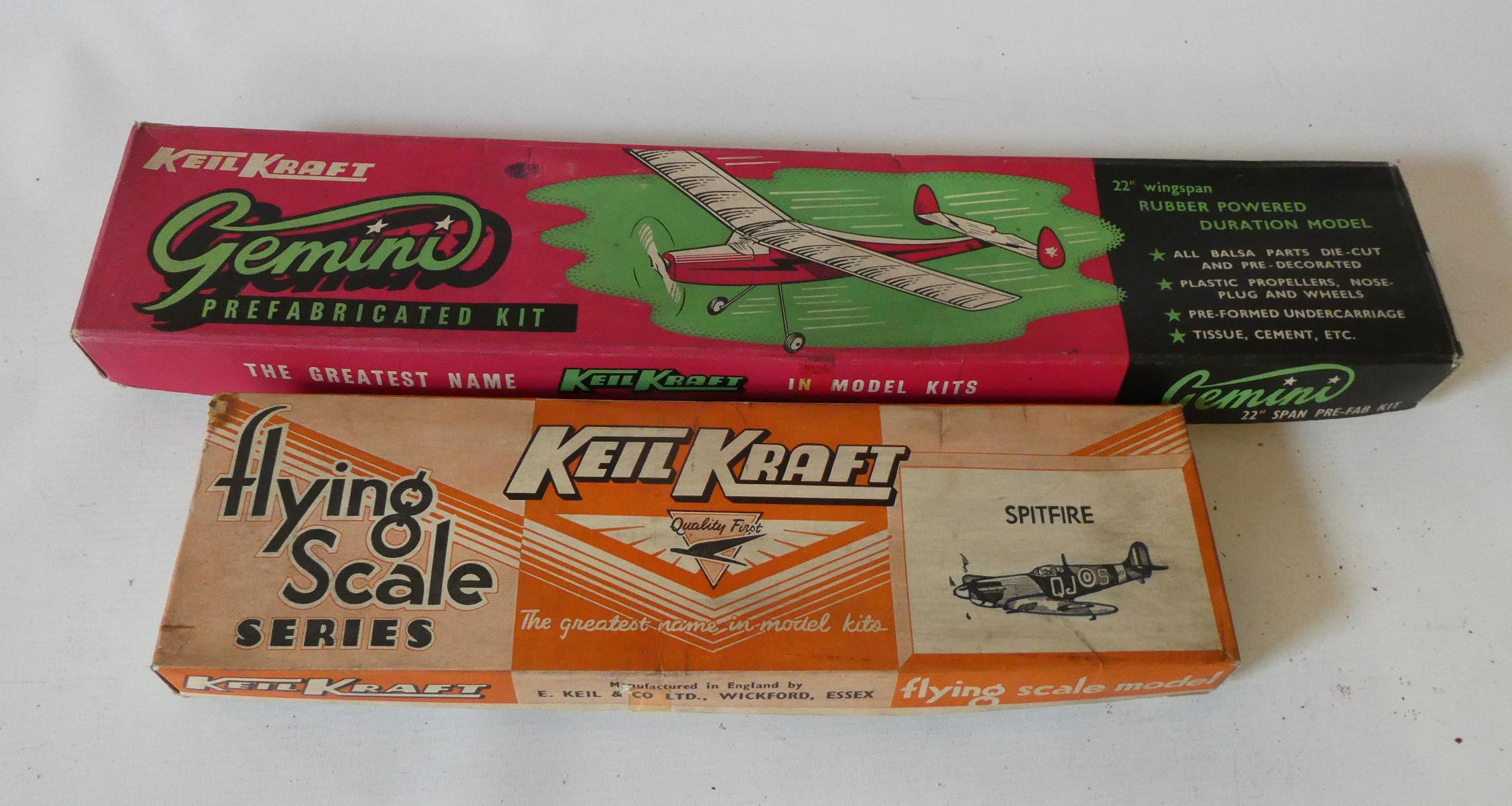 Keil Kraft balsa kit comprising Spitfire and Gemini rubber powered aircraft, some work already Image