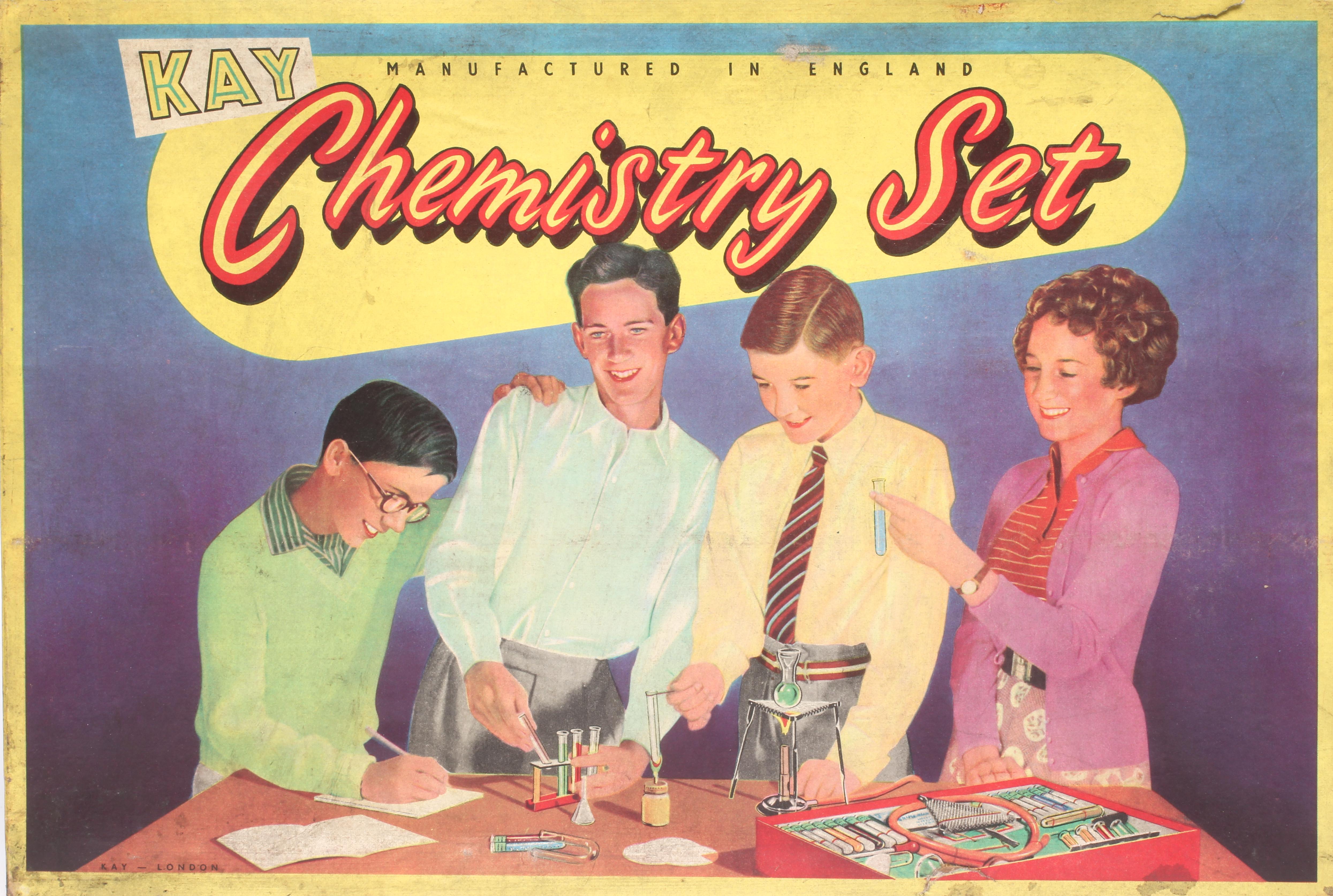 Kay Chemistry Set with 16 chemicals and laboratory equipment and a small Merit student microscope, Image