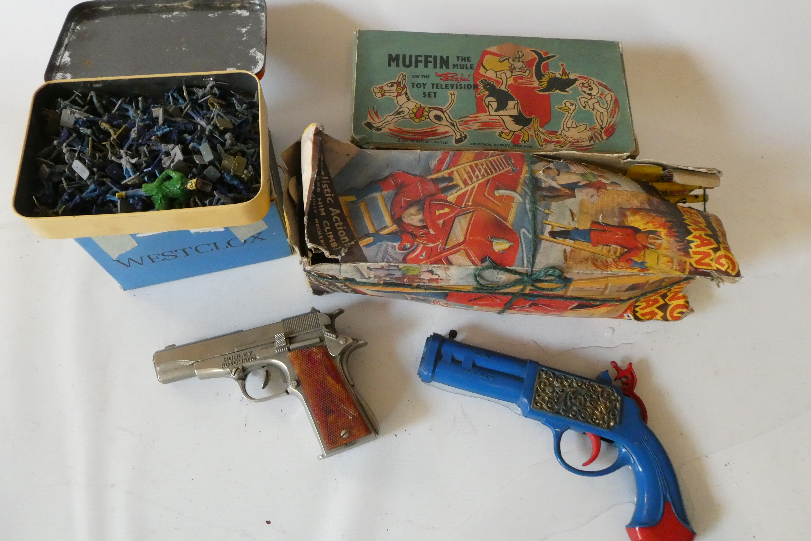 Small collection of childrens toys comprising Muffin the Mule toy television set Image