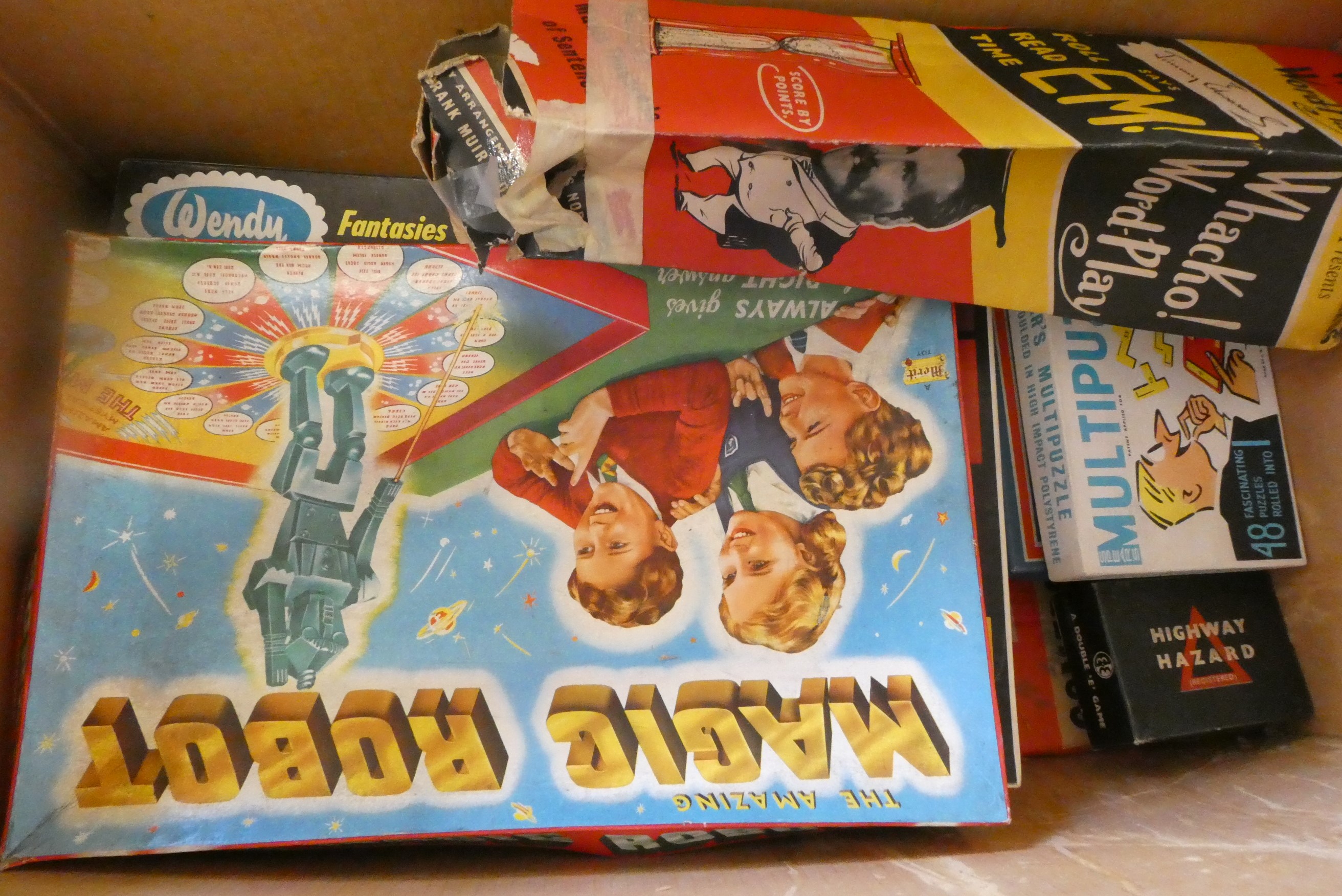 Childrens board games and toys including Bell Cross Country, Rally Whacko Word Play, shaped jigsaw Image