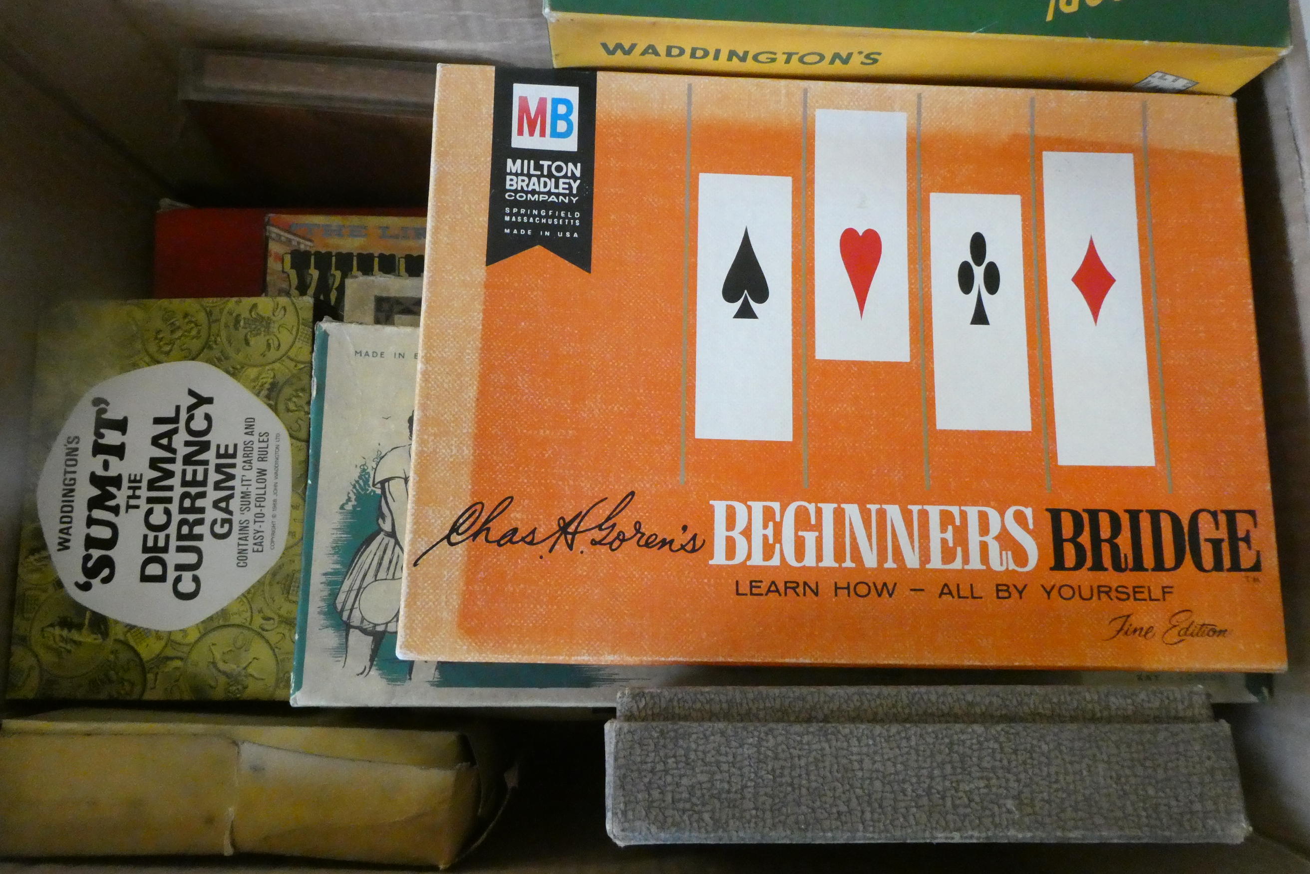 Adult board games including Beginners Bridge, Draughts, Monopoly and Scoop, all items boxed (Est. Image