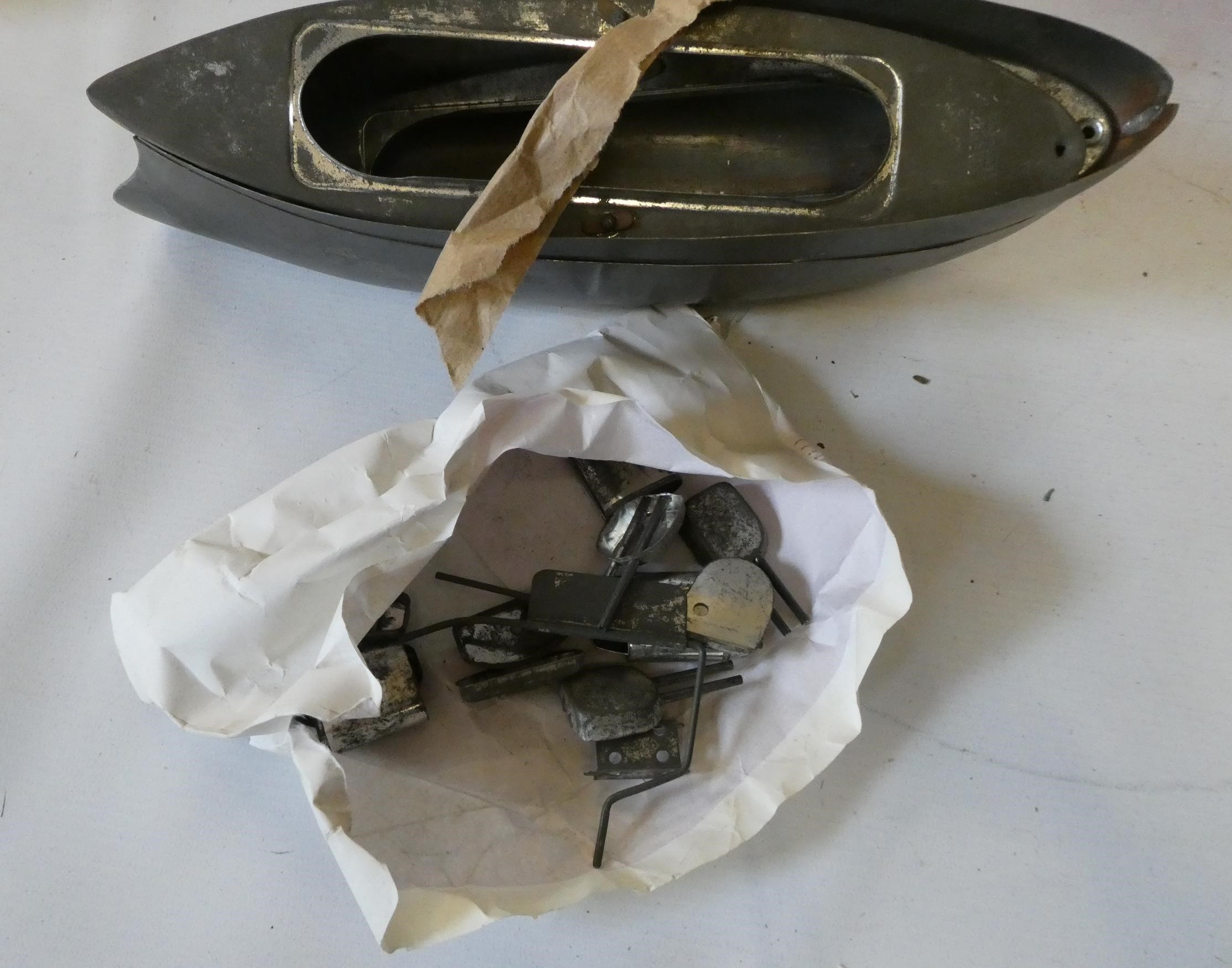 Sutcliffe pre-war clockwork motorboat of wood and tin-plate construction, repainted in red/cream, Image