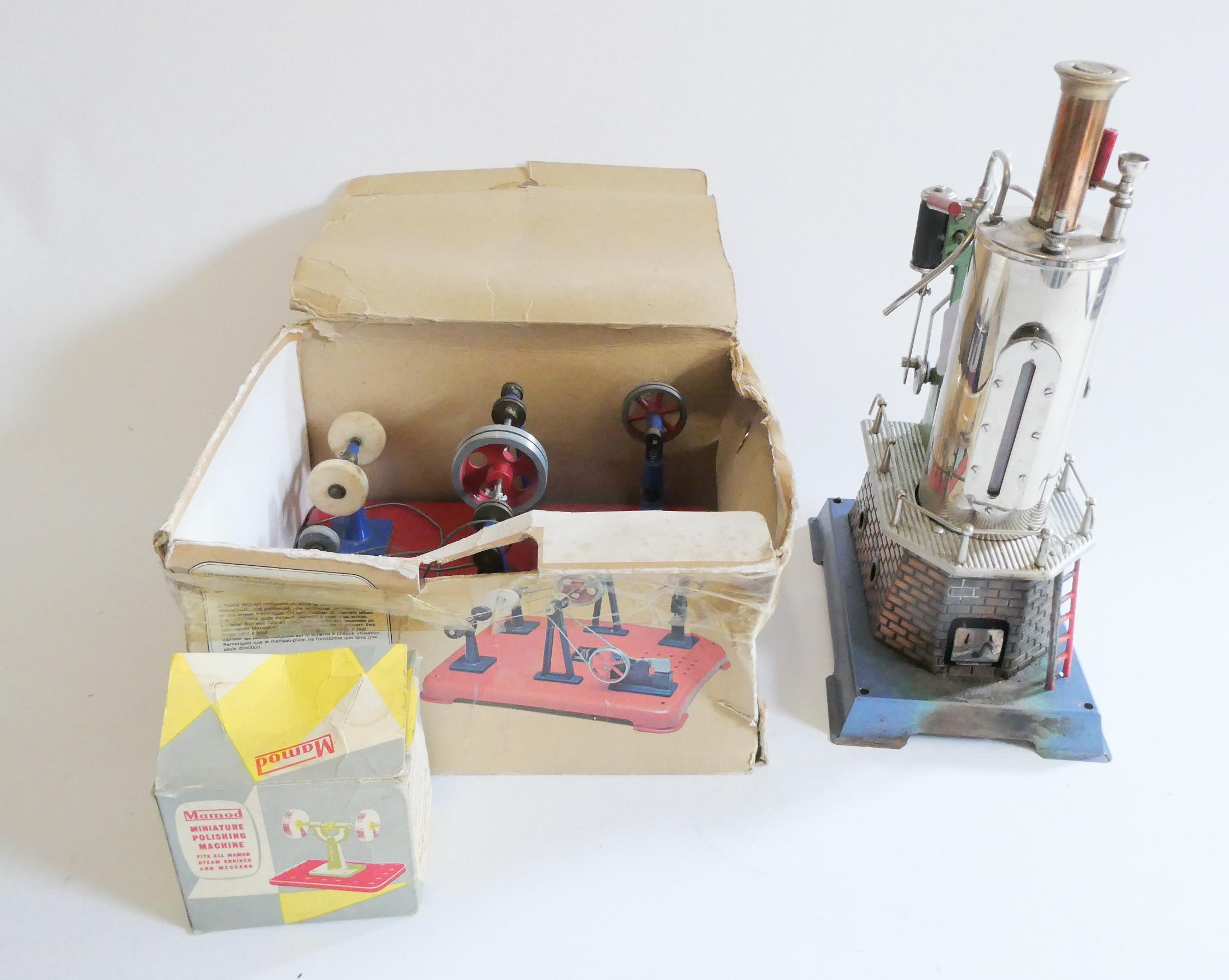 Wilesco Vertical steam engine, some paint scorching, whistle damaged and replacement chimney, fair, Image